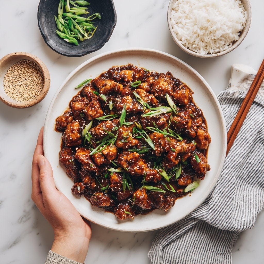 A white round plate is filled with a cooked dish made of small, bite-sized pieces of chicken coated in a thick, dark brown sauce with a glossy texture, garnished with chopped green onions on top. The plate is placed on a white marbled surface, surrounded by small bowls; one with chopped green onions, one filled with beige sesame seeds, and another with cooked white rice. There are also wooden chopsticks resting on a small black dish, and a striped gray and white cloth near the plate. A woman's hand holds the plate by the light wooden handle visible on the left side. Photo taken with an iphone --ar 4:5 --v 7