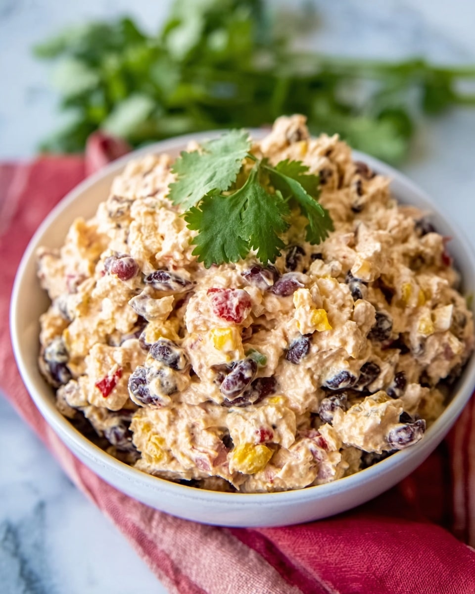 A clear glass bowl filled with a colorful layered salad consisting of shredded chicken mixed with black beans, yellow corn, diced green bell peppers, and small pieces of red tomato. The textures vary between soft shredded chicken and firmer beans and corn, all evenly combined. The bowl is placed on a white marbled surface. Photo taken with an iphone --ar 4:5 --v 7