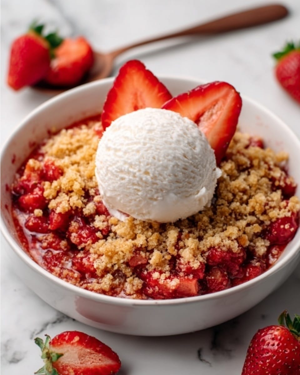 A white plate holds a serving of strawberry crumble topped with two scoops of melting vanilla ice cream. The bottom layer is made of soft, juicy red strawberries with a glossy texture. Above this is a crumbly golden-brown topping that looks crisp and slightly uneven in small clusters. The vanilla ice cream on top is creamy white, smooth, and beginning to drip slightly over the crumble edges. A spoon lifts a portion of the dessert, with the woman's hand holding the spoon partially visible. The background is a white marbled surface with fresh strawberries scattered around. Photo taken with an iphone --ar 4:5 --v 7