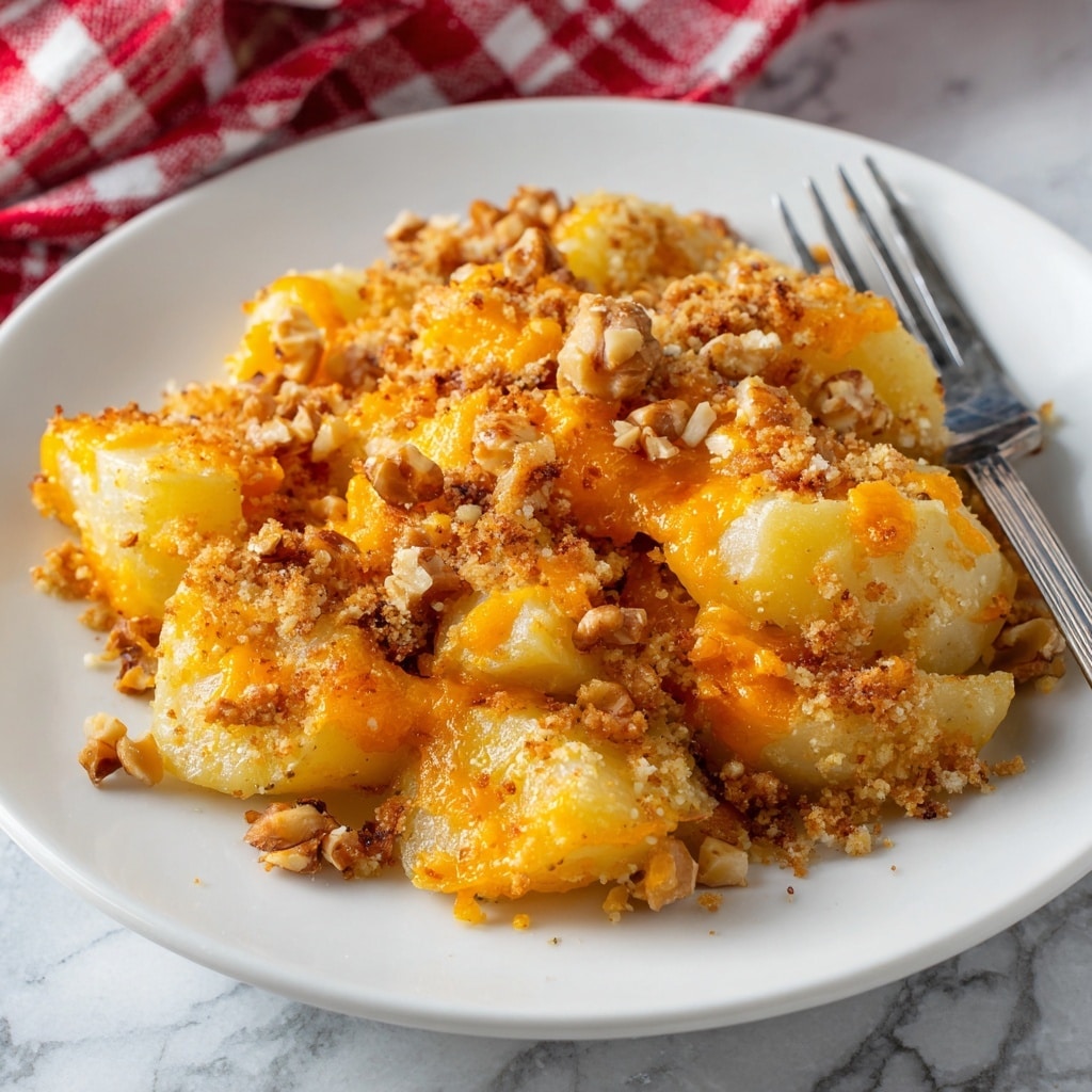 The dish shows a close-up of a baked casserole on a round white plate, with a silver fork resting on the edge at the top right. The casserole has a crumbly, golden-brown topping sprinkled with small nut pieces. Underneath the topping, there are pale yellow potato chunks mixed with melted orange cheese shreds, adding bright color and soft texture. The casserole looks cozy and slightly crispy on top. The plate sits on a white marbled surface with a faint glimpse of a red and white cloth in the background. Photo taken with an iphone --ar 4:5 --v 7