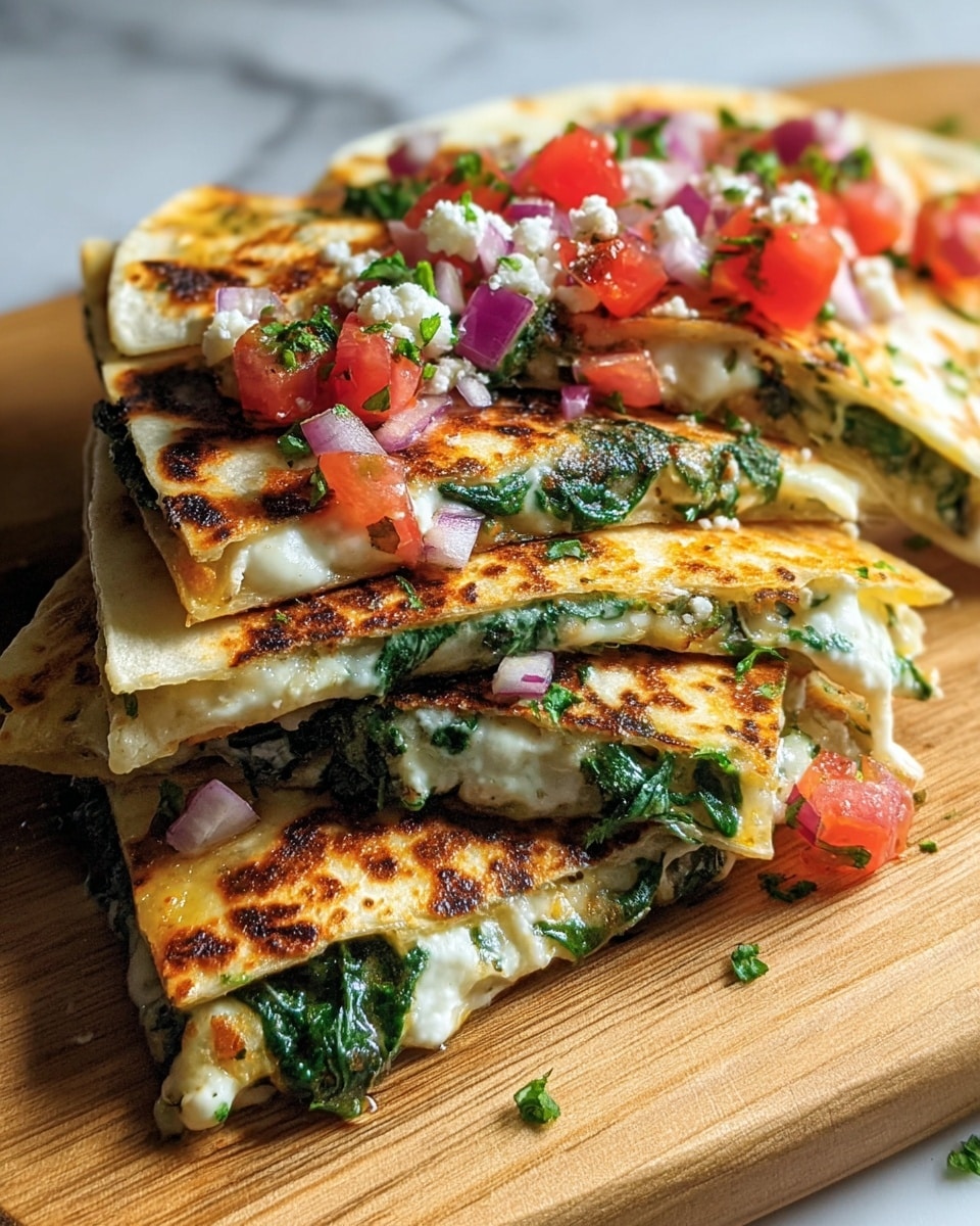 The image shows a stack of quesadillas cut into triangular slices, each folded tortilla having a golden brown, slightly crispy outer layer with spots of char. Inside the layers, there is melted white cheese mixed with wilted green spinach. The top slices are garnished with bright red diced tomatoes, small purple onion pieces, and sprinkled with white crumbly cheese and chopped green herbs. The quesadillas rest on a wooden board, contrasted against a white marbled surface in the background. photo taken with an iphone --ar 4:5 --v 7