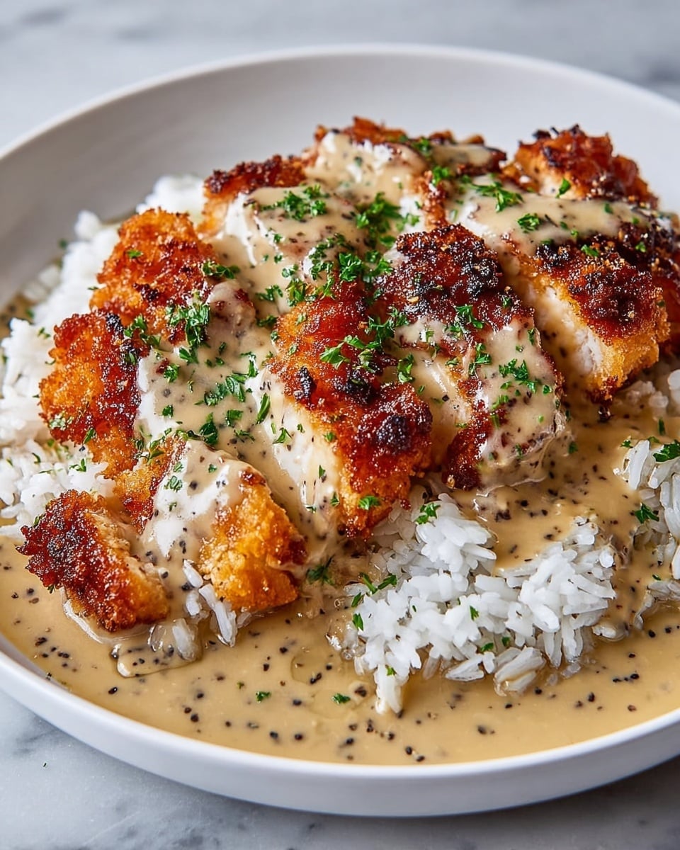 A white plate filled with a base layer of fluffy white rice topped with several pieces of golden-brown, crispy chicken. The chicken is covered with a creamy, light brown sauce that has visible black pepper specks. Fresh green chopped parsley is sprinkled evenly over the chicken, sauce, and rice, adding a fresh look. The dish sits on a white marbled surface. photo taken with an iphone --ar 4:5 --v 7