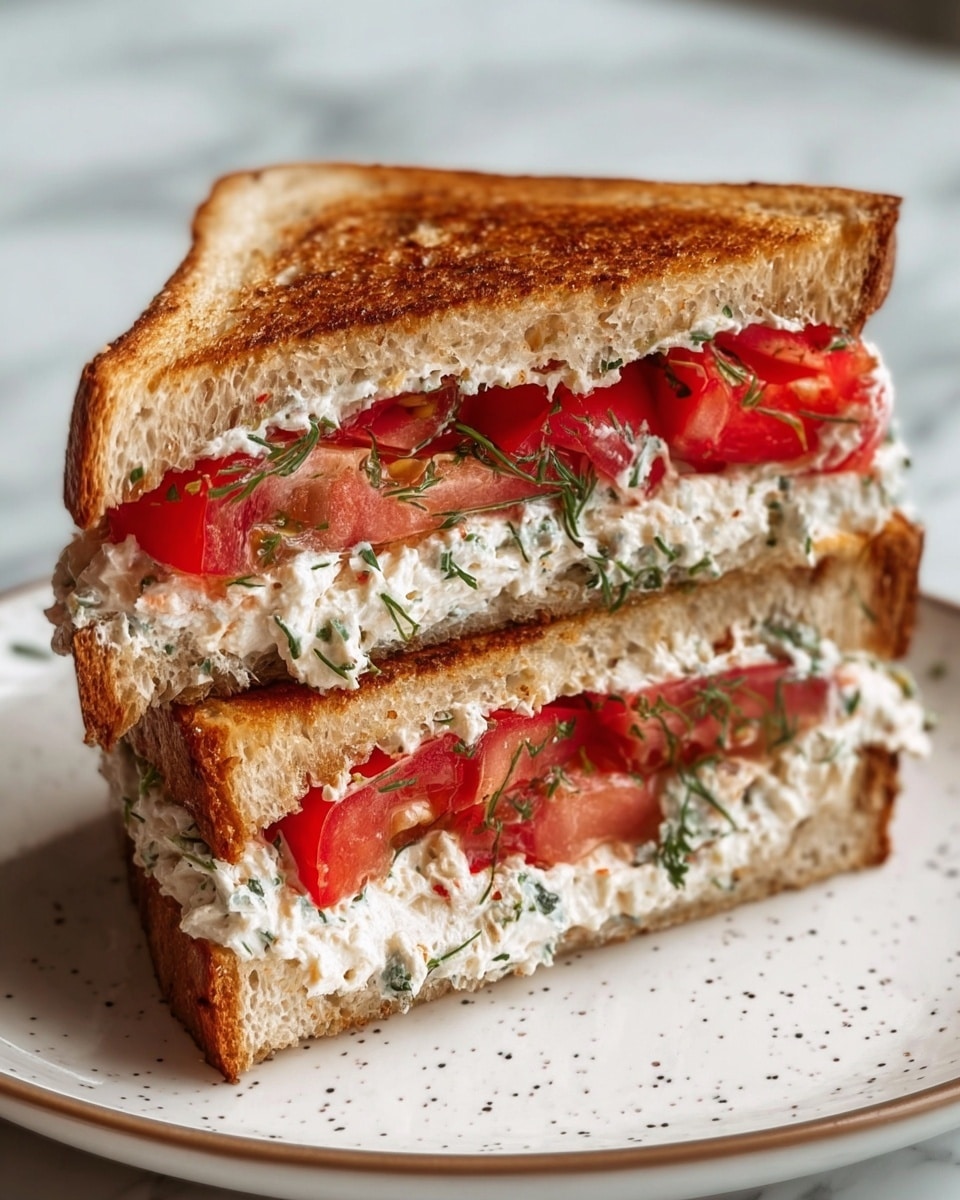 The image shows a close-up of a sandwich cut in half and stacked. The sandwich has two layers of toasted brown bread with a crispy texture. Between the bread, there are two main layers: a creamy white spread mixed with green herbs that looks soft and fresh, and bright red tomato slices that appear juicy and ripe. The sandwich rests on a white plate with small brown speckles, set on a white marbled surface. photo taken with an iphone --ar 4:5 --v 7