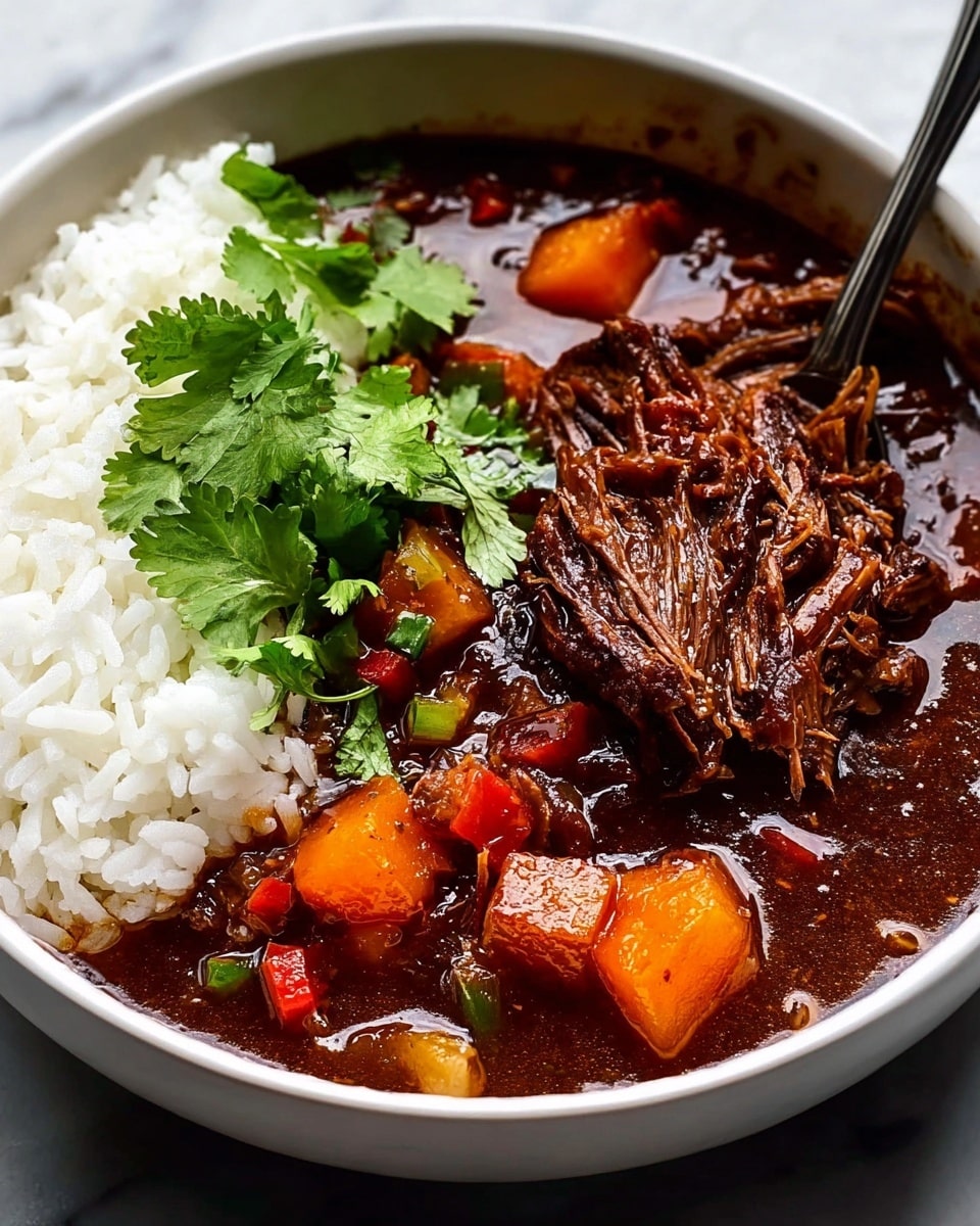This image shows a white bowl filled with a rich, dark brown stew that has tender, shredded beef on the right side, with visible texture in the meat fibers. The stew contains chunks of orange carrots and small pieces of red and green vegetables mixed within the sauce. On the left side of the bowl is a neat mound of white rice. There is a fresh, bright green cilantro leaf garnish spread over the vegetables near the rice. A metal spoon is partially immersed in the stew on the right side. The background is a white marbled texture. Photo taken with an iphone --ar 4:5 --v 7