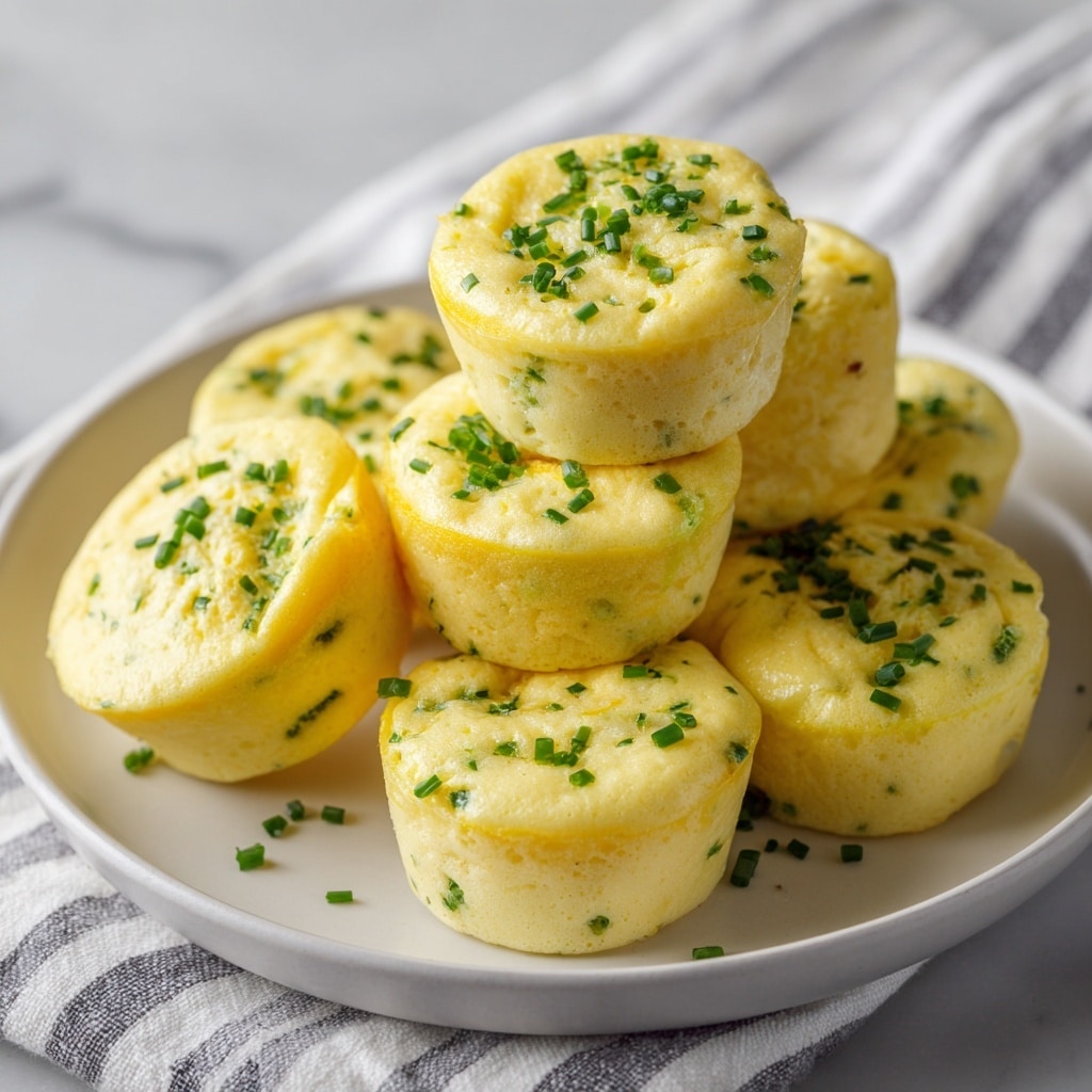 A white plate holds seven small, round egg muffins stacked in a loose pile. Each muffin is pale yellow with a soft, slightly fluffy texture on top, showing small bubbles and a light browning around the edges. Tiny green chive pieces are sprinkled on top of each muffin, adding a bit of color contrast. The plate is placed on a white marbled texture with a blue-striped cloth partially visible underneath. Photo taken with an iphone --ar 4:5 --v 7