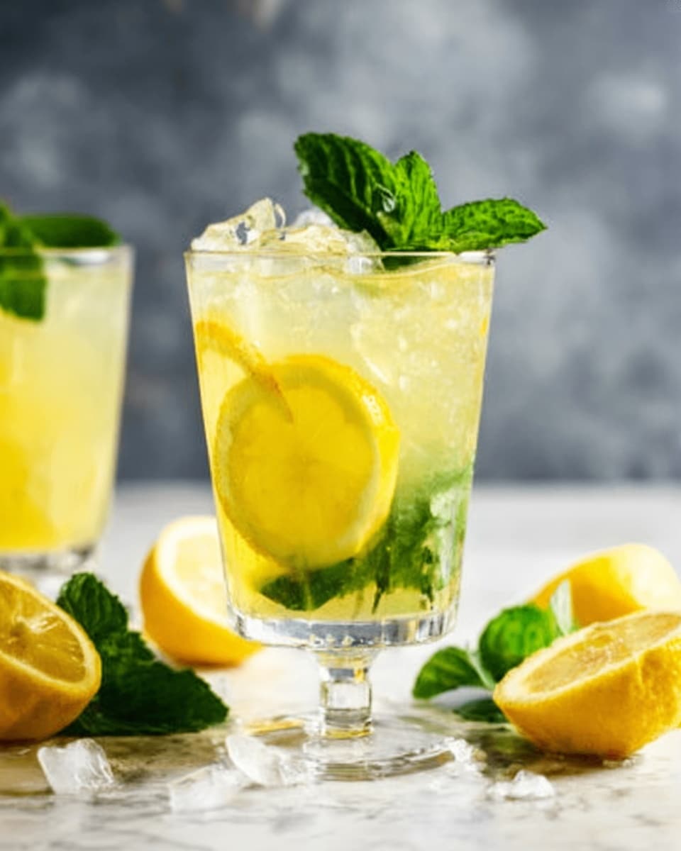 Two clear glasses with lemon yellow sparkling drinks stand on a white marbled surface. Each glass has a lemon slice inside the drink near the middle, surrounded by clear ice cubes. At the top, fresh dark green mint leaves garnish the drinks, adding a bright contrast. Around the glasses, there are lemon halves and wedges, along with more mint sprigs scattered on the surface. The background is a soft, blurred dark grey brick wall. The lighting highlights the refreshing look of the drinks and the texture of the lemon and mint. photo taken with an iphone --ar 4:5 --v 7