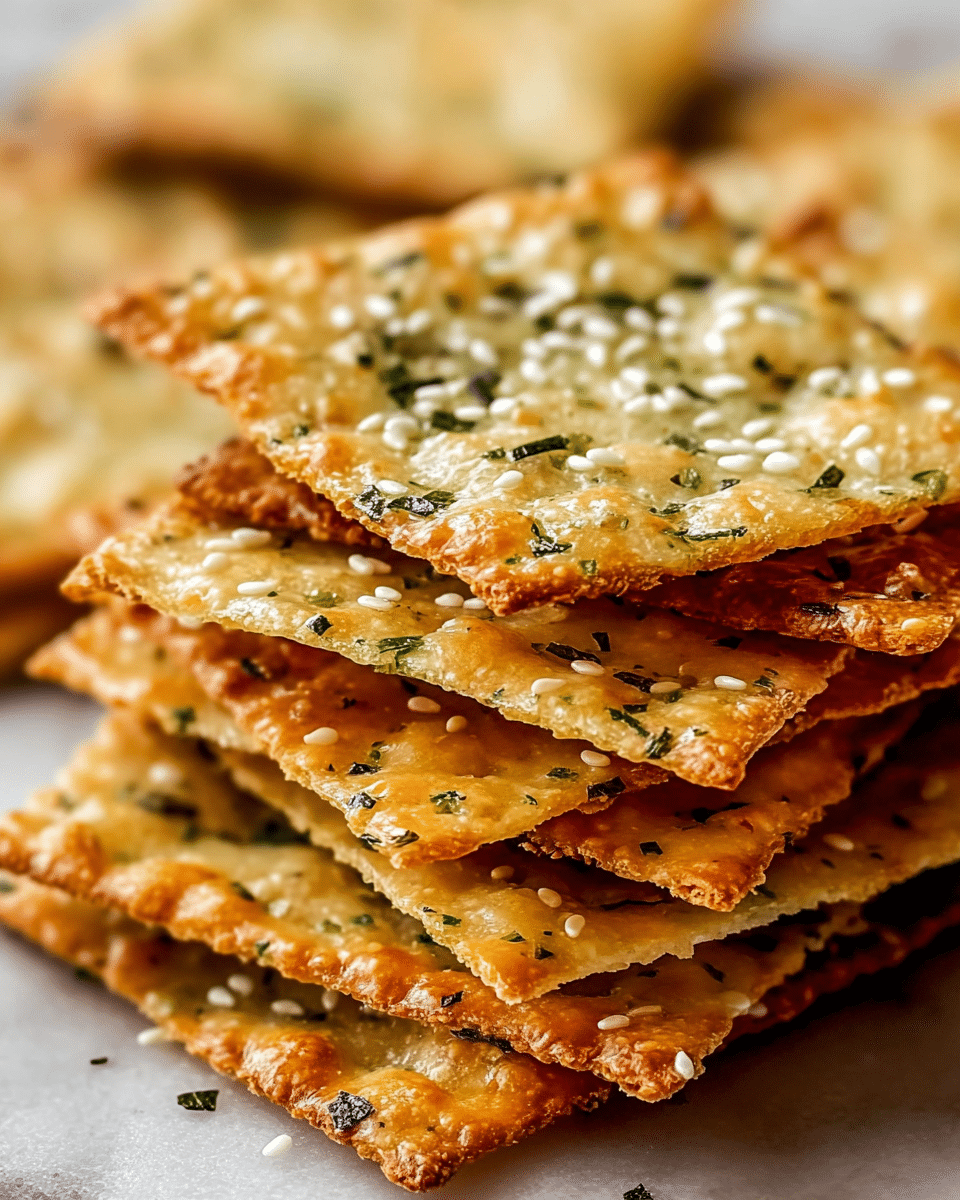 The image shows a stack of thin, square crackers with a golden brown color and slightly crispy texture. Each cracker has small green herbs sprinkled on top, adding a fresh and speckled look. The crackers have a slightly uneven surface with some bubbles, showing they are light and crunchy. The stack is placed on a white plate, and the background is a white marbled texture. The lighting highlights the crispy edges and herb details clearly. photo taken with an iphone --ar 4:5 --v 7