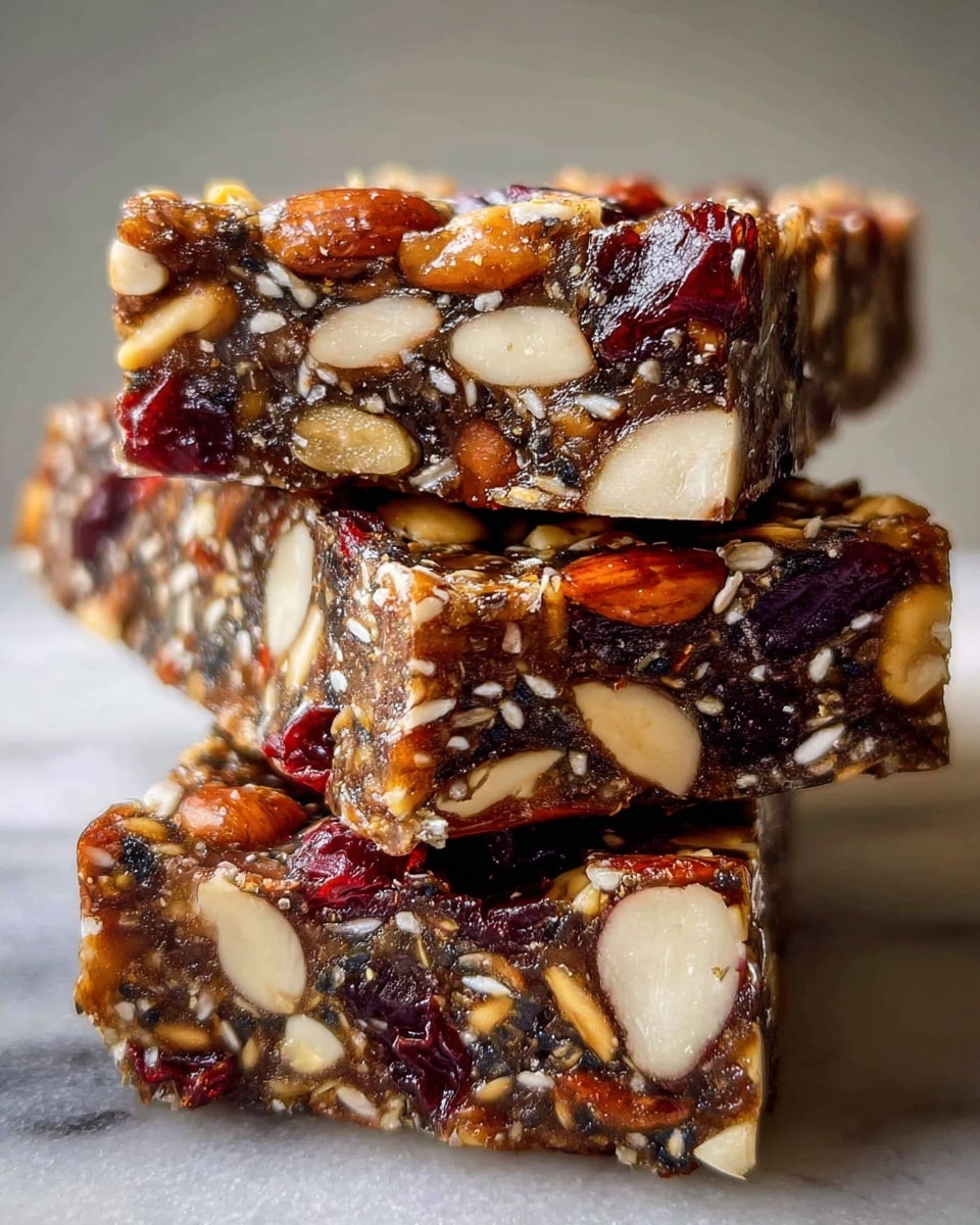 This image shows three stacked granola bars on a white marbled surface. Each bar is thick and dense, with a dark brown base filled with visible white almond slices, golden peanuts, and dark red dried cranberries. The texture looks chewy and sticky, with nuts and dried fruit spread evenly throughout the bars. The edges of the bars are sharp and well defined, highlighting the thick mix of ingredients. The photo is close-up, showing detailed textures and colors clearly. photo taken with an iphone --ar 4:5 --v 7