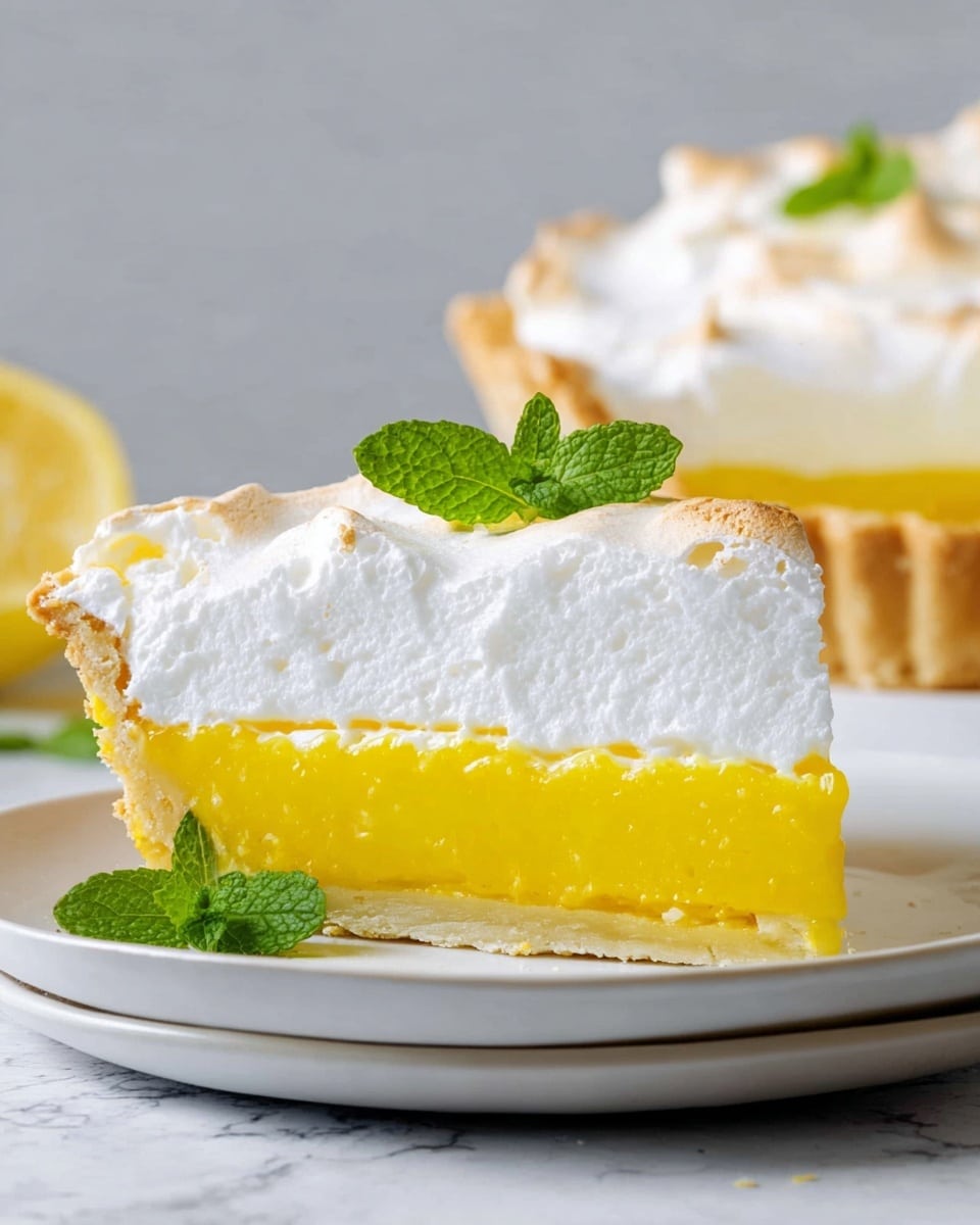 A slice of pie with two layers sits on a white plate on a white marbled surface. The bottom layer is a thick, bright yellow filling with a smooth, glossy texture, resting on a thin, light golden crust. The top layer is a tall, fluffy white meringue with a slightly toasted surface and soft peaks. A small fresh green mint leaf decorates the meringue, and another mint leaf is placed on the plate near the slice. The whole dessert in the background shows similar layers with additional mint leaves on top. photo taken with an iphone --ar 4:5 --v 7