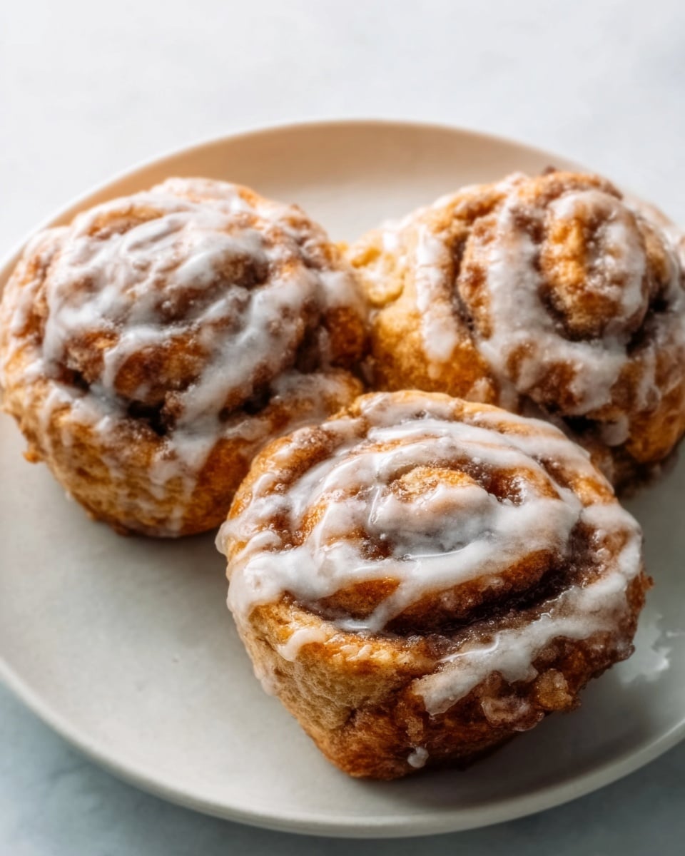 The image shows three cinnamon rolls on a white plate. Each roll has a spiral shape with a light brown, soft dough layered with darker brown cinnamon filling. The top of each roll is covered with a thin, white glaze drizzled unevenly, adding a shiny texture. The rolls are close together, showing their round shape and the layers inside. The plate sits on a white marbled surface, giving a clean and bright background. Photo taken with an iphone --ar 4:5 --v 7