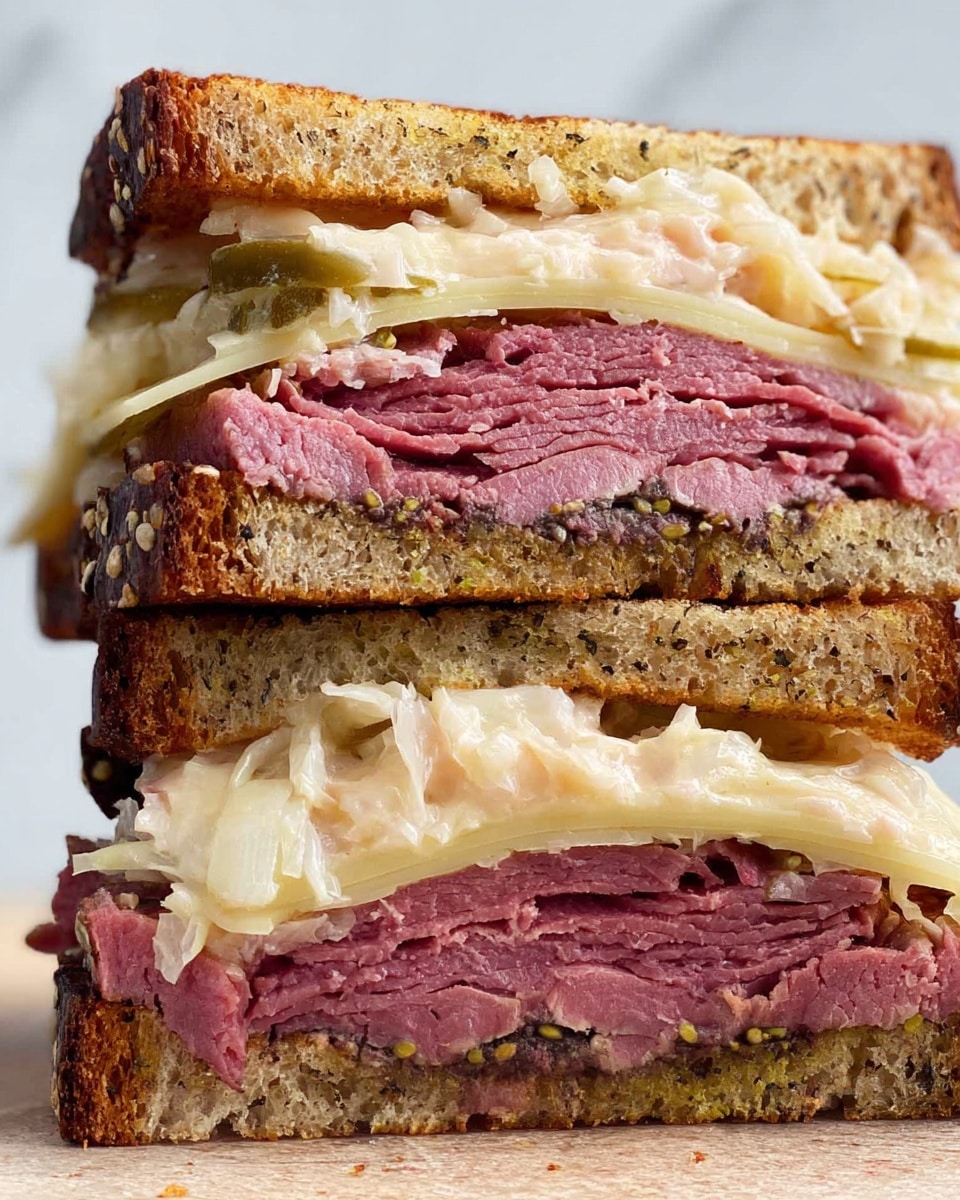 A tall deli sandwich is cut in half and stacked, showing three layers: the top and bottom layers are toasted whole grain bread with a golden-brown crust and seeded texture, the middle layer holds thick slices of pink pastrami with a peppery, textured edge, topped with shredded pale yellow sauerkraut and creamy, light beige dressing with visible mustard seeds. The sandwich is placed on a wooden surface with a blurred white marbled background. photo taken with an iphone --ar 4:5 --v 7