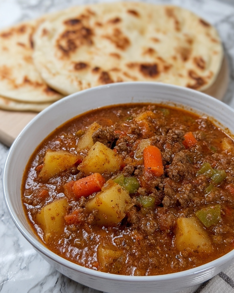 A close-up of a round white plate with a blue rim filled with a thick stew made of several layers: large beige potato cubes, small brown ground meat pieces, and diced red and green bell peppers in a shiny brown sauce that covers all the ingredients, giving a moist texture. On the top edge of the plate, a soft, light beige tortilla with brown spots is partially covering the stew, creating a contrast in texture and color. The plate is set on a white marbled surface with woman’s hand slightly visible at the left edge, holding the tortilla. Photo taken with an iphone --ar 4:5 --v 7