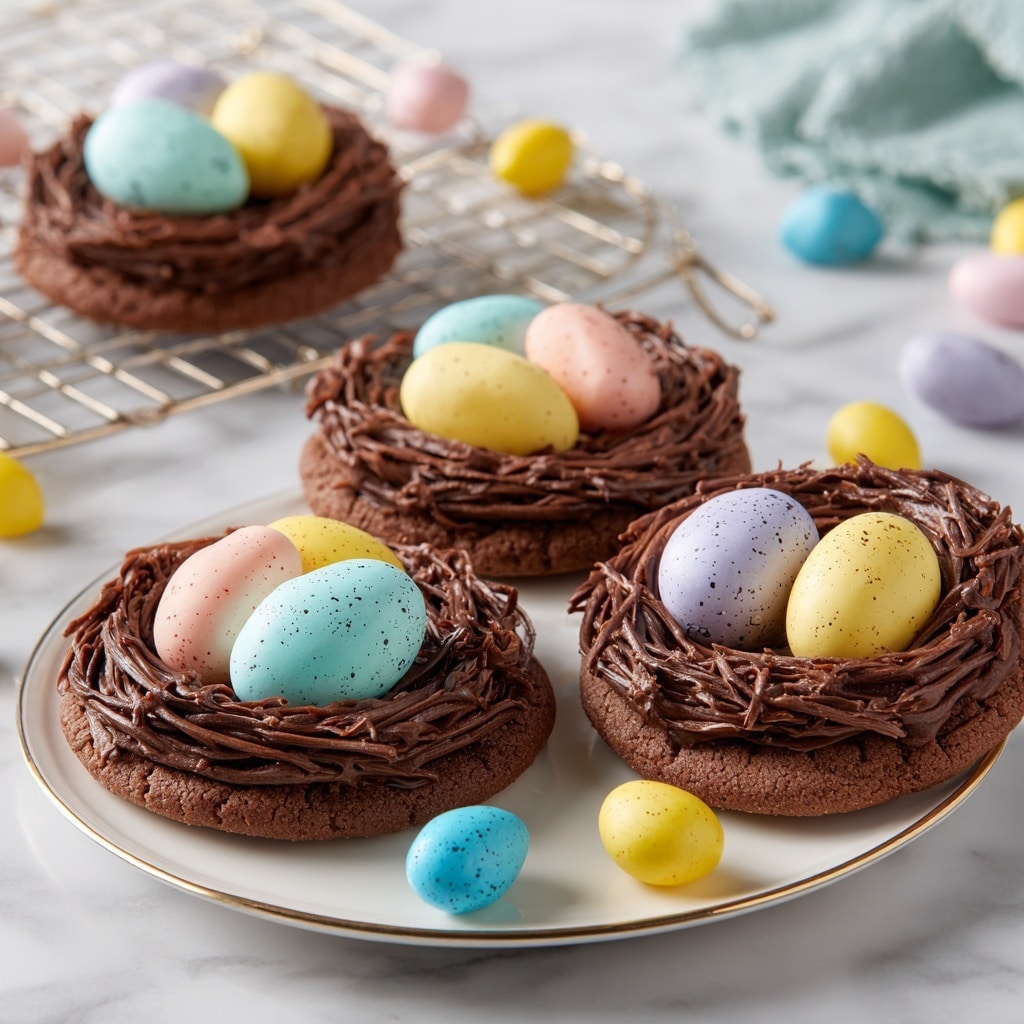 The image shows round bird nest cookies with three small, colorful candy eggs resting in the center of each nest. The cookies have two layers: the base is a rich chocolate cookie, and the top layer is piped chocolate frosting shaped to look like a bird’s nest, with rough, twig-like texture in dark brown. The eggs come in pastel colors of yellow, light pink, blue, and lavender, with some having small dark speckles. The cookies sit on a white wire rack and on a white plate with a thin gold rim, with a few colorful candy eggs scattered around the plate. The background is a white marbled texture. Photo taken with an iphone --ar 4:5 --v 7