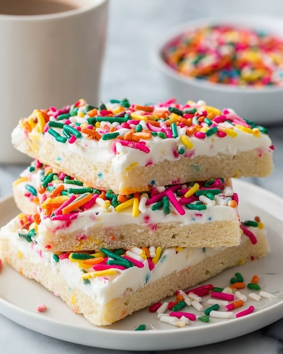 The image shows three rectangular sugar cookie bars stacked on a white plate set on a white marbled surface. Each bar has two visible layers: the bottom layer is a light tan, soft and crumbly cookie base, while the top layer is a thick, smooth white frosting. The frosting is generously covered with colorful, long and thin rainbow sprinkles in red, green, yellow, orange, pink, and white. The bars touch each other with some sprinkles scattered on the plate's surface. In the background, there is a blurred white mug and a bowl filled with more rainbow sprinkles. photo taken with an iphone --ar 4:5 --v 7