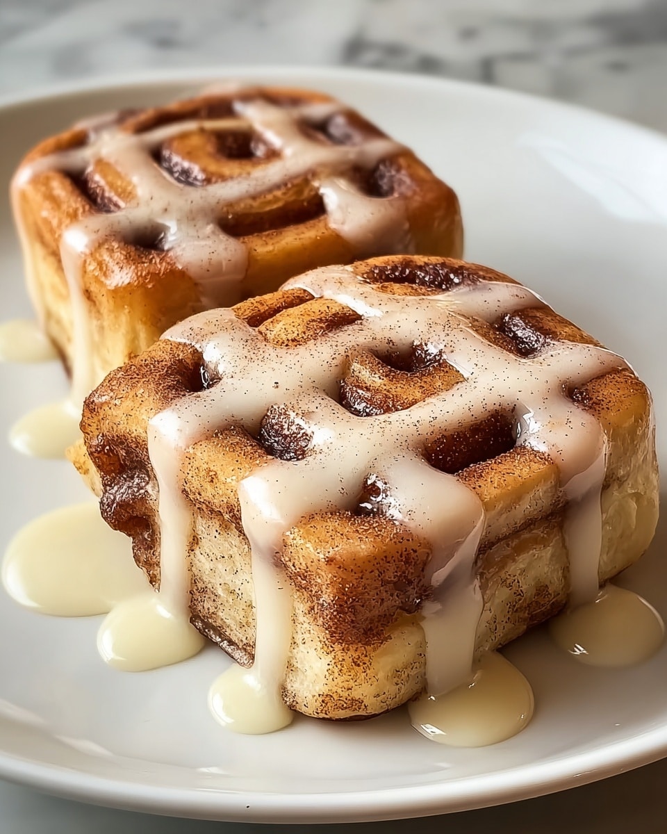 Two square cinnamon rolls sit side by side on a white plate, each showing about four visible layers of soft, golden-brown dough with a cinnamon swirl inside. The tops are drizzled with white glaze in a crisscross pattern, and a light dusting of cinnamon powder adds texture and color contrast. Small pools of glaze gather on the white plate around the rolls. The scene is set on a white marbled texture with soft, warm lighting. photo taken with an iphone --ar 4:5 --v 7