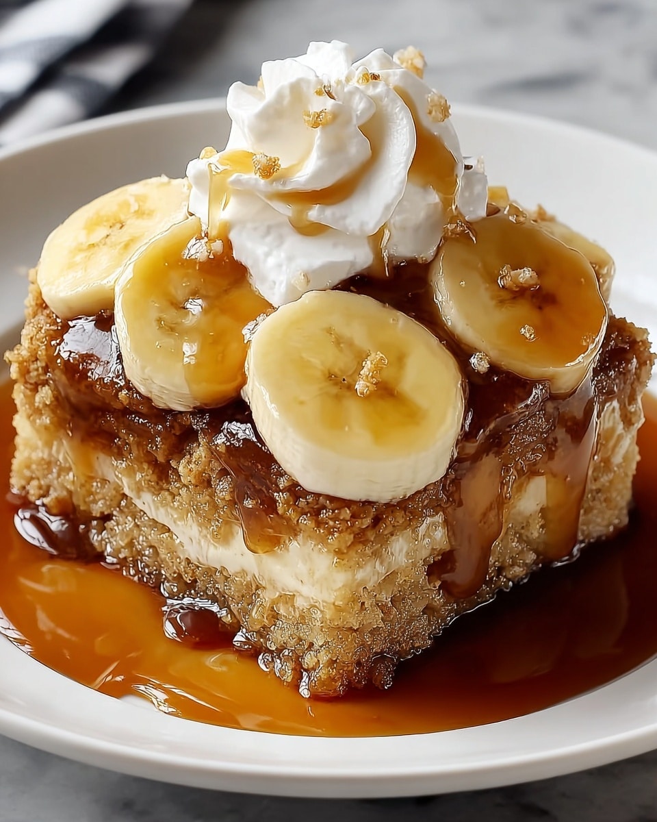 A white plate holds a three-layer dessert starting with a thick, crumbly, golden-brown cake base soaked with dark amber syrup that pools slightly around the edges. Layered on top are several round slices of ripe banana with a light yellow color and soft texture. The dessert is finished with a dollop of white whipped cream on top, drizzled with more syrup that glistens under the light. The plate is set on a white marbled surface. photo taken with an iphone --ar 4:5 --v 7