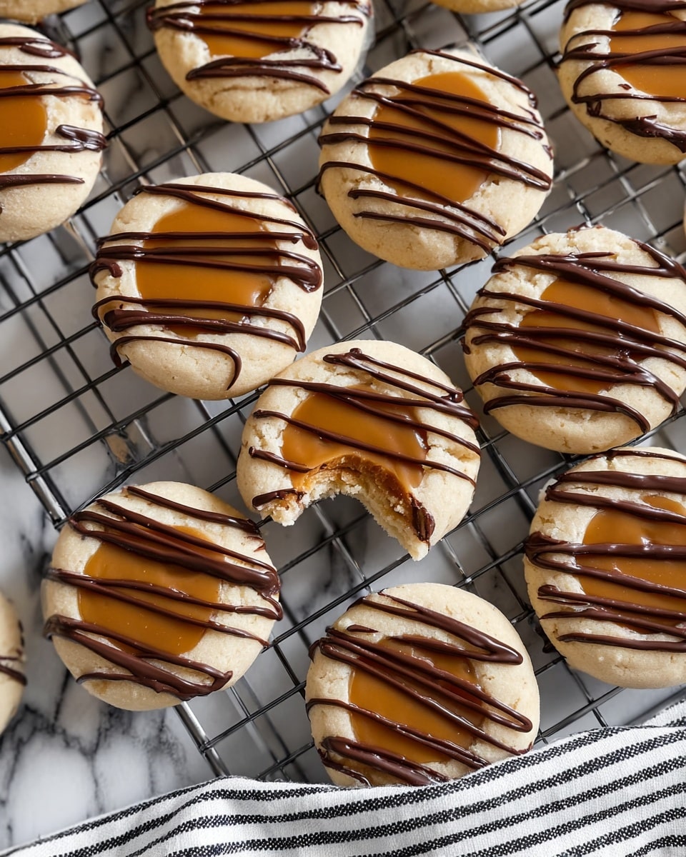 The image shows a cooling rack with many small, round cookies arranged closely. Each cookie has a base layer of light beige dough with a smooth, glossy caramel circle in the center. On top of the caramel, thin lines of dark chocolate are drizzled in a criss-cross pattern. One cookie near the center has a bite taken out of it, showing the soft inside of the dough beneath the caramel and chocolate layers. The background surface is a white marbled texture, and a white and black striped cloth is placed near the top of the frame. photo taken with an iphone --ar 4:5 --v 7