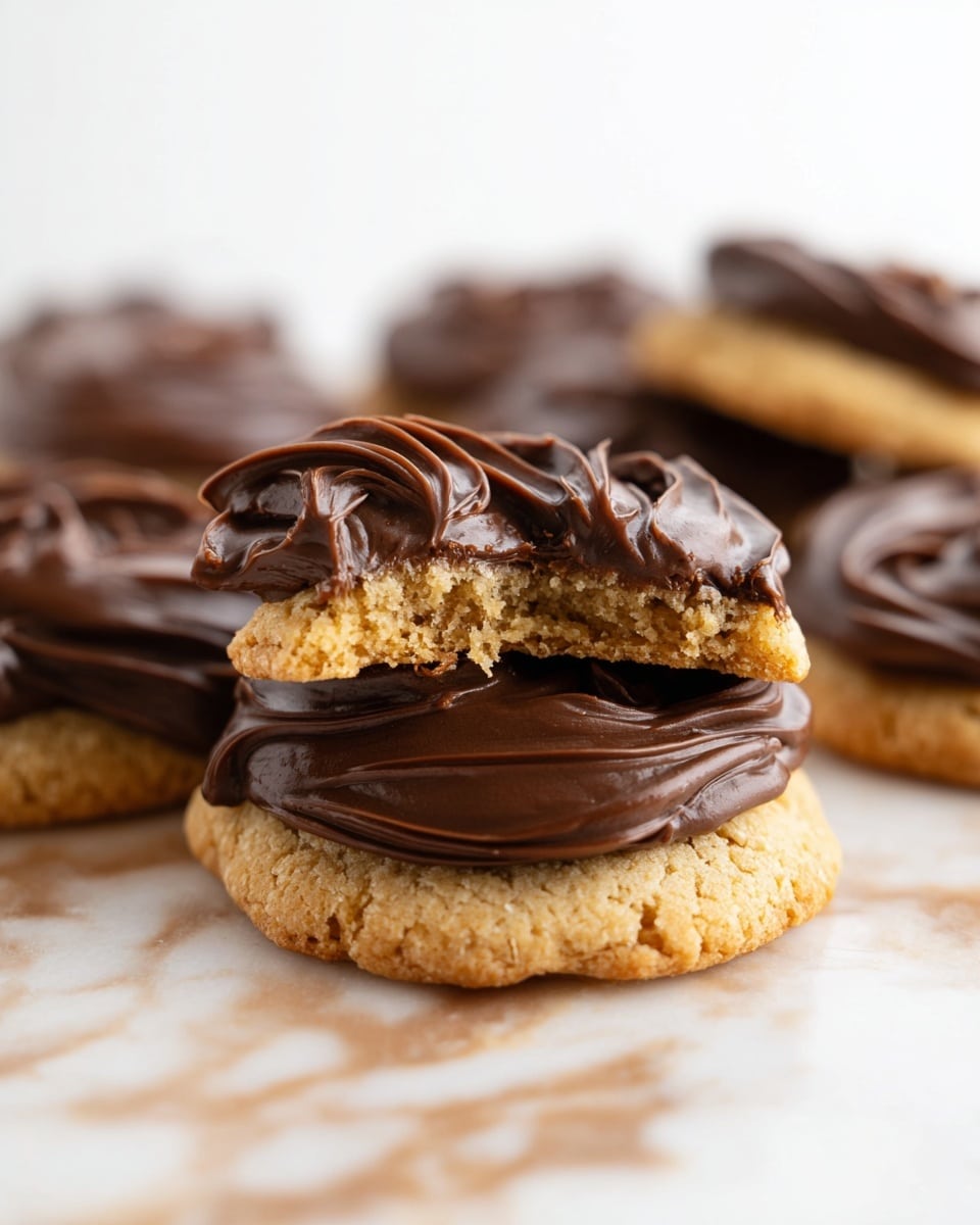 The image shows several round cookies with one thick layer of smooth, dark brown chocolate frosting on top, piped in a swirled, wave pattern that creates a rich texture. The cookies themselves are light golden brown with a slightly crumbly texture, forming a base for the dark frosting. They are placed on a white marbled surface with a white and black checked cloth partially visible on the side. The overall look is neat, with the frosting standing out boldly on the lighter cookie base. photo taken with an iphone --ar 4:5 --v 7
