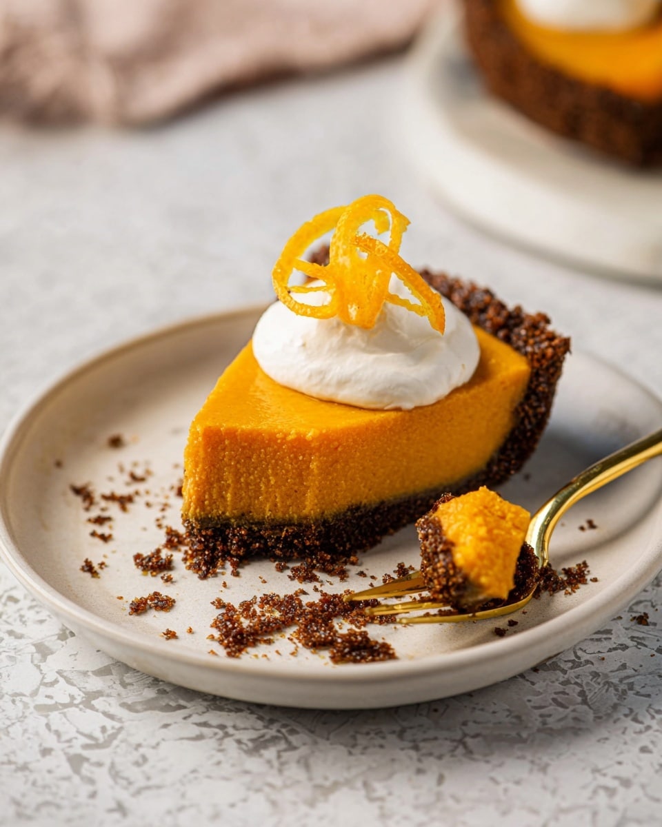 The image shows a pumpkin pie with three main layers: a thick, crumbly dark brown crust around the edges, a smooth, rich orange pumpkin filling in the middle, and soft white dollops of whipped cream evenly spaced on top of the filling. Each dollop is decorated with a curly orange peel strip, adding texture and color contrast. The pie is cut into eight slices with clear slice lines visible through the filling. The pie sits in a clear glass dish on a white marbled surface. photo taken with an iphone --ar 4:5 --v 7