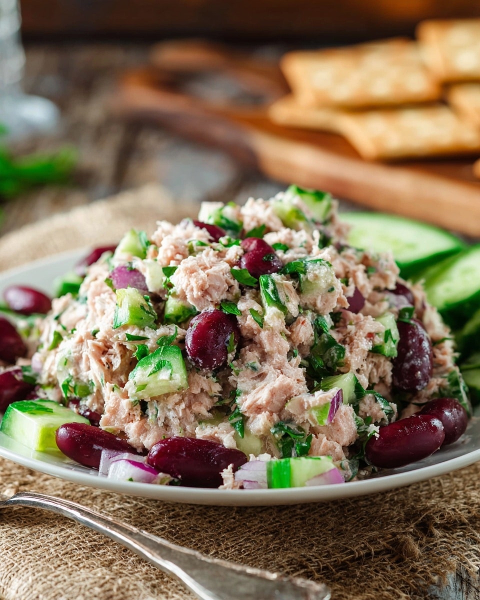 A close-up of a fresh salad in a white plate with a silver rim, showing a mix of roughly chopped layers including light pink shredded tuna, dark red chopped olives, bright green parsley leaves, pale green cucumber pieces, white onion chunks, and red radish slices, all tossed together with a slightly coarse texture. The salad looks moist and colorful with a variety of textures from soft to crunchy. In the blurred background, there are some green onions and beige crackers on a white marbled surface. Photo taken with an iphone --ar 4:5 --v 7