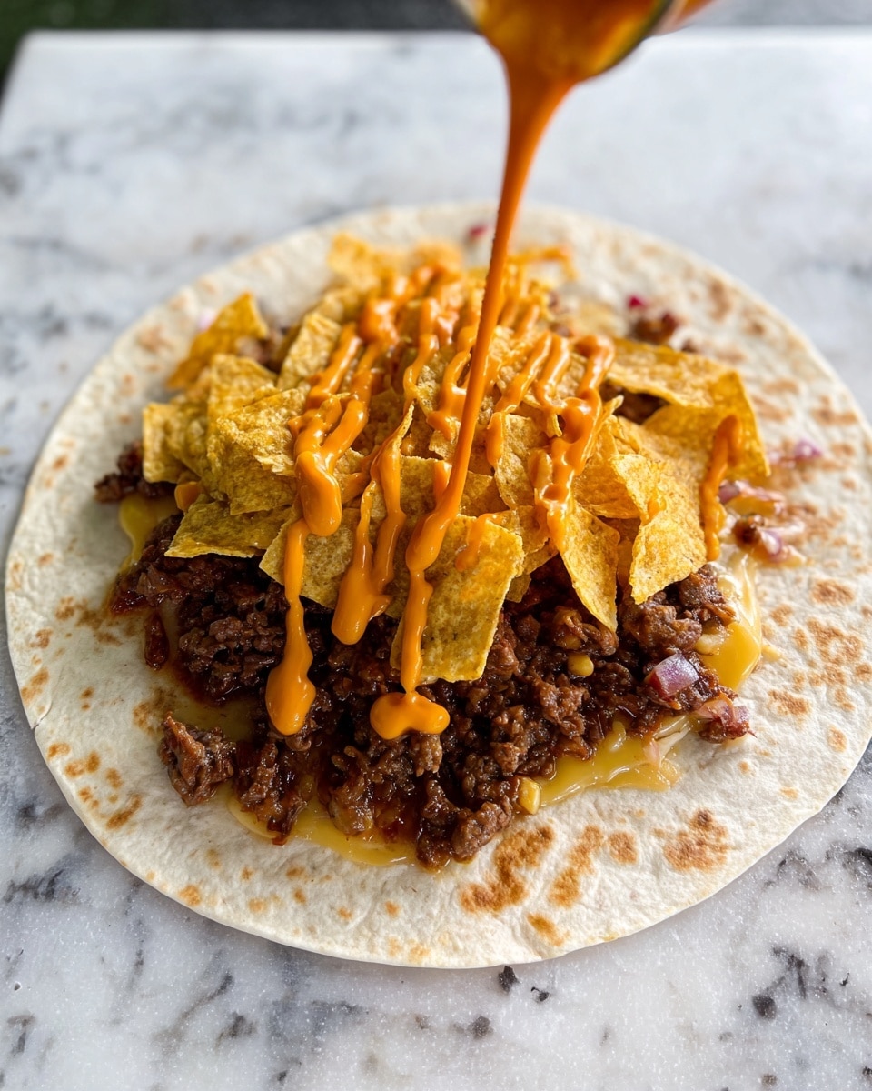A close-up view of an open tortilla wrap placed on a white marbled surface, showing a layered filling from bottom to top: a light-colored melted cheese layer close to the tortilla, a dark brown seasoned cooked meat layer with visible small bits of onion and red chili, and a top layer of broken yellow corn chips. An orange sauce is being poured in thin streams over the top in a spiral pattern from above, adding a smooth, glossy texture. The wrap lies flat and open, making all layers visible. Photo taken with an iphone --ar 4:5 --v 7