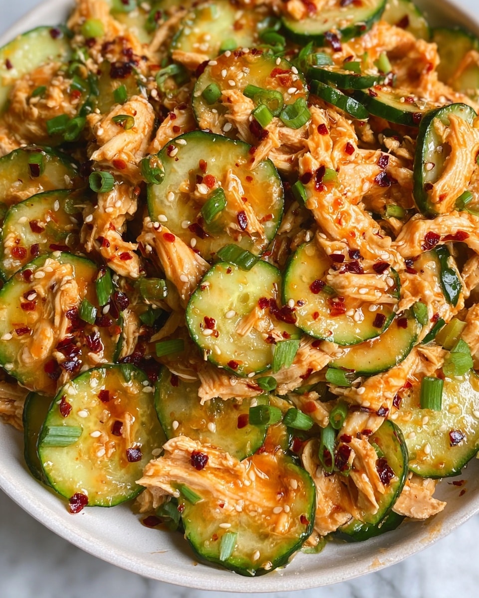 This close-up image shows a dish made of thin cucumber slices and shredded chicken mixed together. The cucumbers are light green with darker green edges, showing a fresh and slightly glossy texture. The shredded chicken pieces are creamy beige with a moist, soft look, coated in a light orange sauce that adds a glossy shine. Scattered on top are small sesame seeds and dark red chili flakes in oil, creating a textured and spicy appearance. There are also small pieces of chopped green onions spread evenly across the dish, adding bright green touches. The dish is served in a white bowl resting on a white marbled surface. photo taken with an iphone --ar 4:5 --v 7