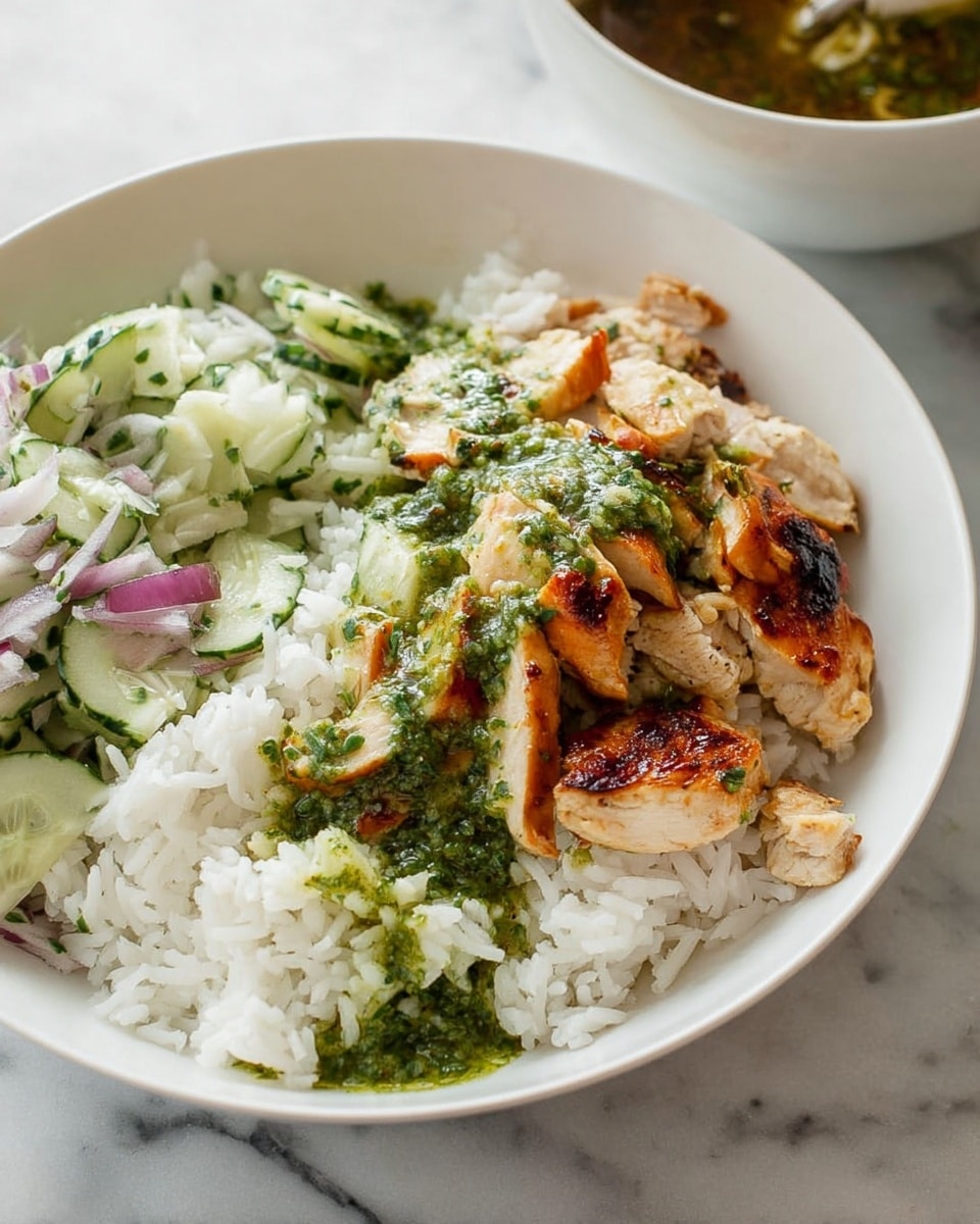A white bowl on a white marbled surface holds a layered dish with three main parts: the bottom layer is fluffy white rice covering half the bowl, topped with grilled chicken cut into strips with a light brown color and some char marks; over the chicken, there is a bright green herb sauce drizzled in spots. The other side of the bowl contains a creamy cucumber salad with thin, pale green cucumber slices and bits of red onion mixed in a light dressing. In the background, a white bowl with dark soup is partially visible. photo taken with an iphone --ar 4:5 --v 7