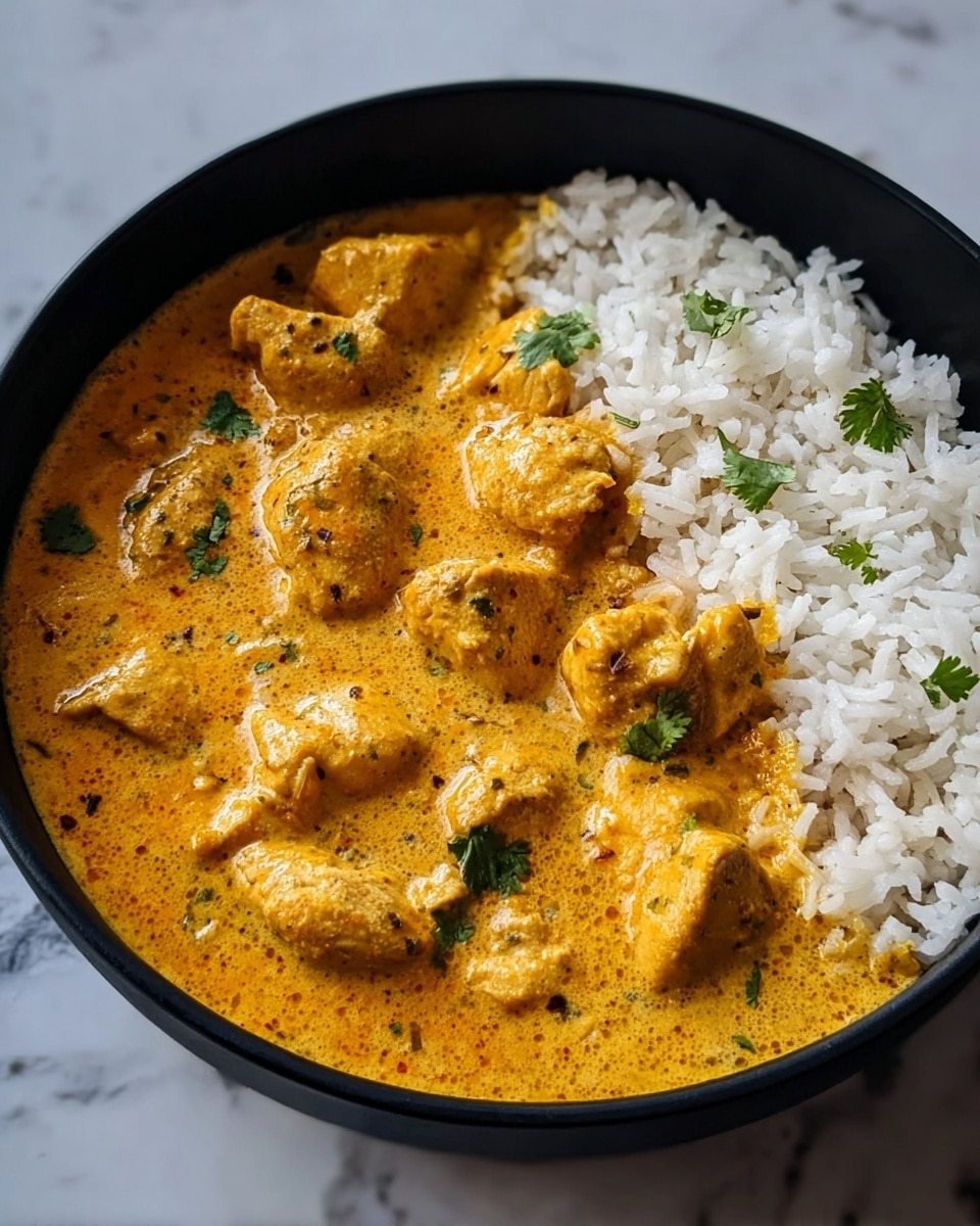 The dish shows a black skillet filled mostly with creamy, rich orange-yellow curry sauce containing several chunks of tender chicken pieces, speckled with visible spices. On one side, there is a neat pile of fluffy, white rice creating a clear two-part division between the thick curry and the rice. Small green cilantro leaves are scattered on top of the curry, adding a fresh color contrast. The skillet rests on a white marbled texture surface. photo taken with an iphone --ar 4:5 --v 7