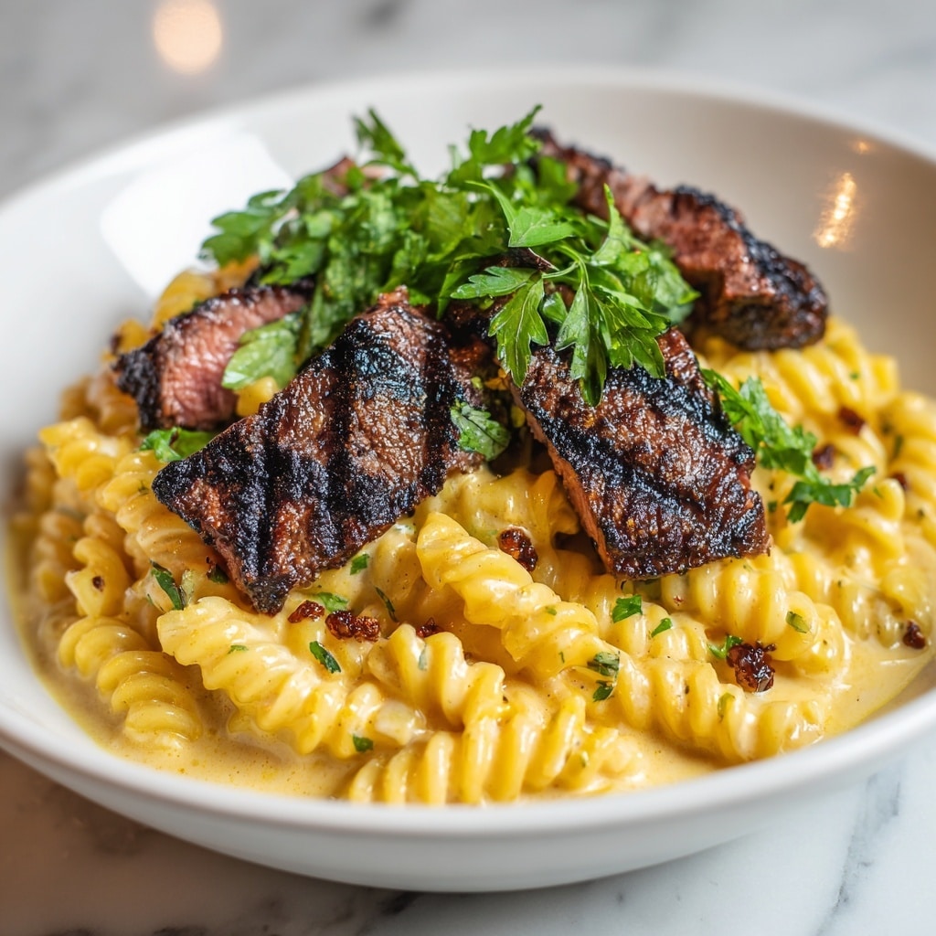 A white plate holds a creamy sauce-covered layer of light yellow rotini pasta, with the sauce showing a smooth, glossy texture and some specks of black pepper and herbs. On top, there are several pieces of grilled steak, showing a dark brown crust with black grill marks and a juicy, slightly pink interior visible inside one cut piece. The steak pieces are garnished with fresh, green parsley leaves scattered on top. The dish is placed on a white marbled surface. photo taken with an iphone --ar 4:5 --v 7