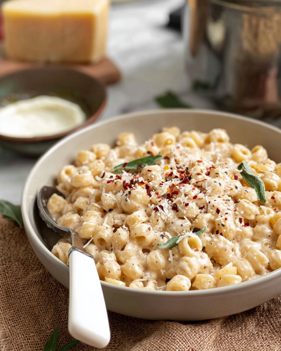 A close-up view of a bowl filled with creamy pasta made of small ring-shaped noodles covered in a light beige cheese sauce, sprinkled with grated white cheese, red chili flakes, cracked black pepper, and green herb leaves on top. The bowl is white and sits on a natural fiber cloth over a white marbled surface. A white-handled spoon is placed inside the bowl on the left side. In the blurred background, a block of cheese, a metal container, and a small dish with a creamy white sauce are visible. photo taken with an iphone --ar 4:5 --v 7