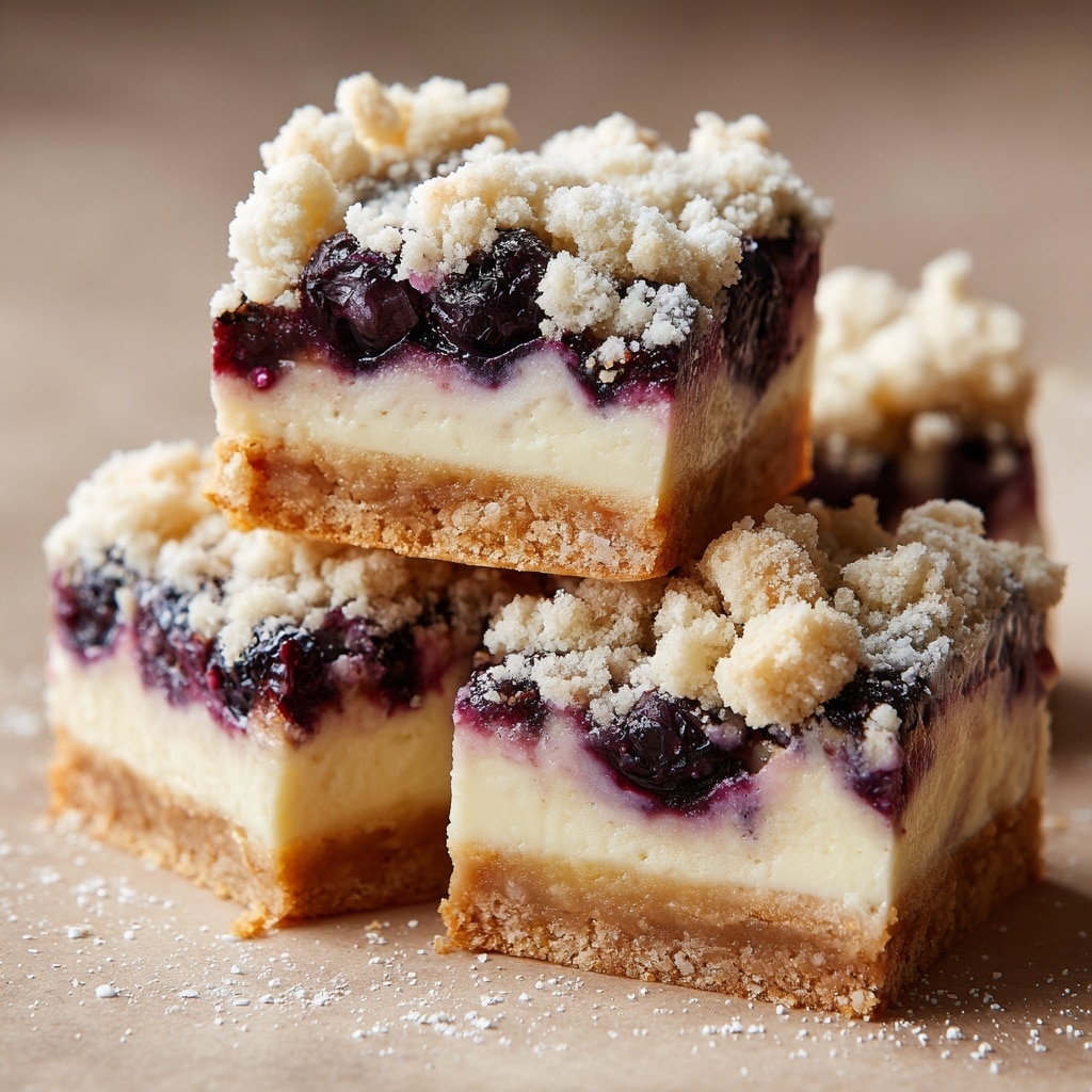 A close-up view of a square dessert bar held by a woman's hand, showing three distinct layers: a thick, light brown base with a crumbly texture; a middle layer of smooth, creamy white filling; and a top layer of dark purple blueberry compote with whole blueberries and a crumbly streusel topping dusted with powdered sugar. In the background, more pieces of the same dessert are blurred, resting on a white marbled surface, with a white bowl filled with fresh blueberries also visible. Photo taken with an iphone --ar 4:5 --v 7