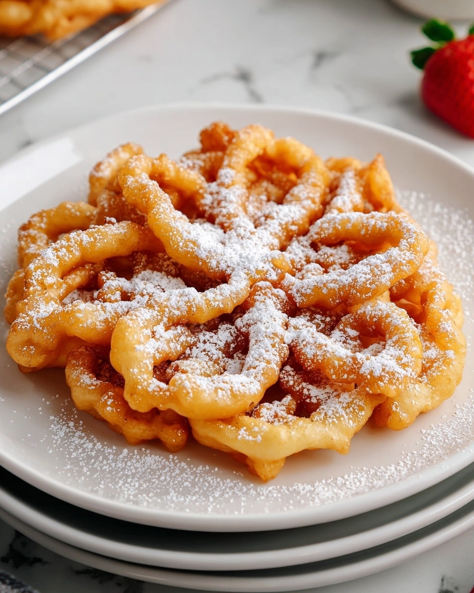 A golden-brown funnel cake with a twisted, lacy shape sits in the center of a white plate. The funnel cake has a light, crispy texture with darker, crunchy edges and is topped with a fine dusting of white powdered sugar, covering the top and scattered around the plate. The plate rests on top of two other stacked white plates, all placed on a white marbled surface with a strawberry partially visible near the bottom right corner. The photo taken with an iphone --ar 4:5 --v 7
