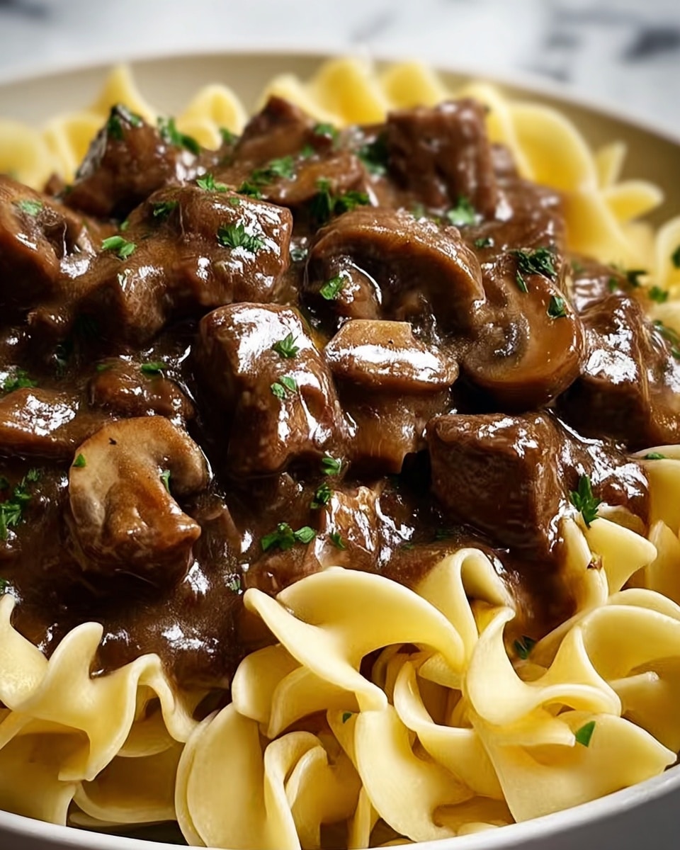 A white plate holds a serving of egg noodles as the bottom layer, with their light yellow color and soft, curved shapes clearly visible. On top, there is a thick layer of dark brown beef stew pieces coated in a glossy, rich brown sauce that gives a shiny texture to the meat. Small bits of green parsley are sprinkled on the stew, adding a touch of fresh color. The whole dish looks warm and comforting, placed on a surface with a white marbled texture. Photo taken with an iphone --ar 4:5 --v 7