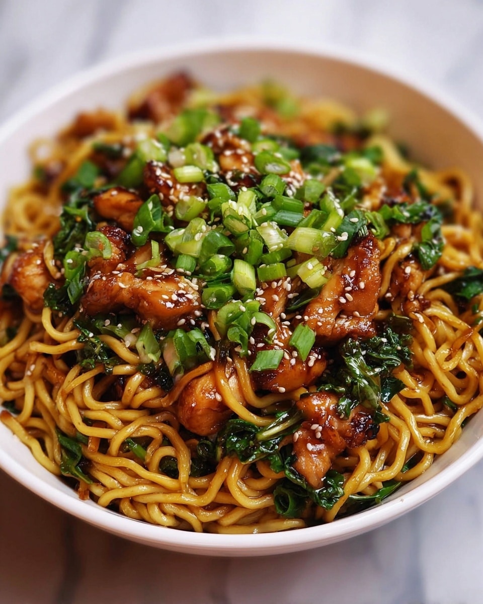 The image shows a close-up of a black bowl full of glossy cooked noodles mixed with small chunks of browned chicken and bright green chopped spring onions. The noodles are twisted and coated with a shiny dark sauce that looks rich and flavorful. The chicken pieces are evenly spread throughout the noodles, with a slightly caramelized color. Scattered green onion slices add a fresh pop of color on top. The bowl sits on a white marbled surface with a pair of wooden chopsticks resting on the edge of the bowl, partially out of focus. photo taken with an iphone --ar 4:5 --v 7