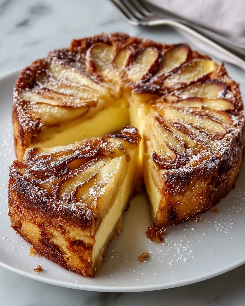 A round apple cake with one slice cut out is shown on a white plate on a white marbled surface. The cake has a golden-brown crust that is slightly crisp and textured around the sides. Inside, there are two layers: the bottom layer is a smooth, creamy pale yellow custard, while the top layer consists of thinly sliced apples arranged neatly in a spiral pattern with caramelized edges. The apples have a mix of golden and light brown tones from baking. The whole cake is dusted lightly with powdered sugar, some of which is on the plate too. In the background, a silver fork rests next to the plate. photo taken with an iphone --ar 4:5 --v 7