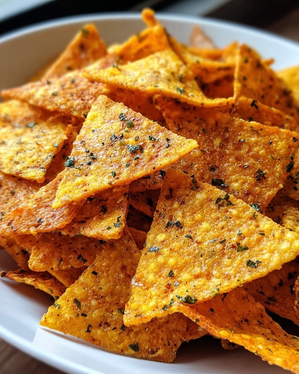 A close-up view of a white bowl filled with many triangular yellow-orange chips, each showing a rough texture with visible small bumps and scattered black and green seasoning flakes, layered unevenly with some chips slightly curled or overlapping others, creating a crunchy and flavorful look, set against a soft, blurred background. photo taken with an iphone --ar 4:5 --v 7