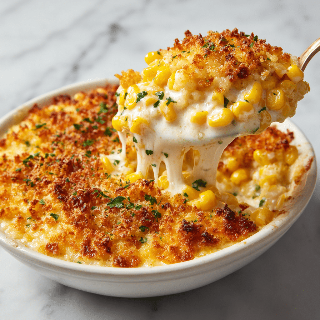 A close-up of a spoon lifting a cheesy corn casserole from a white bowl. The dish has a top layer of golden brown, crispy melted cheese mixed with yellow corn kernels and sprinkled with chopped green herbs. Underneath, gooey white melted cheese stretches from the bowl to the spoon, with a creamy texture visible. The base layer inside the bowl has soft corn pieces and melted cheese mixed together, also garnished with green herbs. The background shows a white marbled texture. photo taken with an iphone --ar 4:5 --v 7
