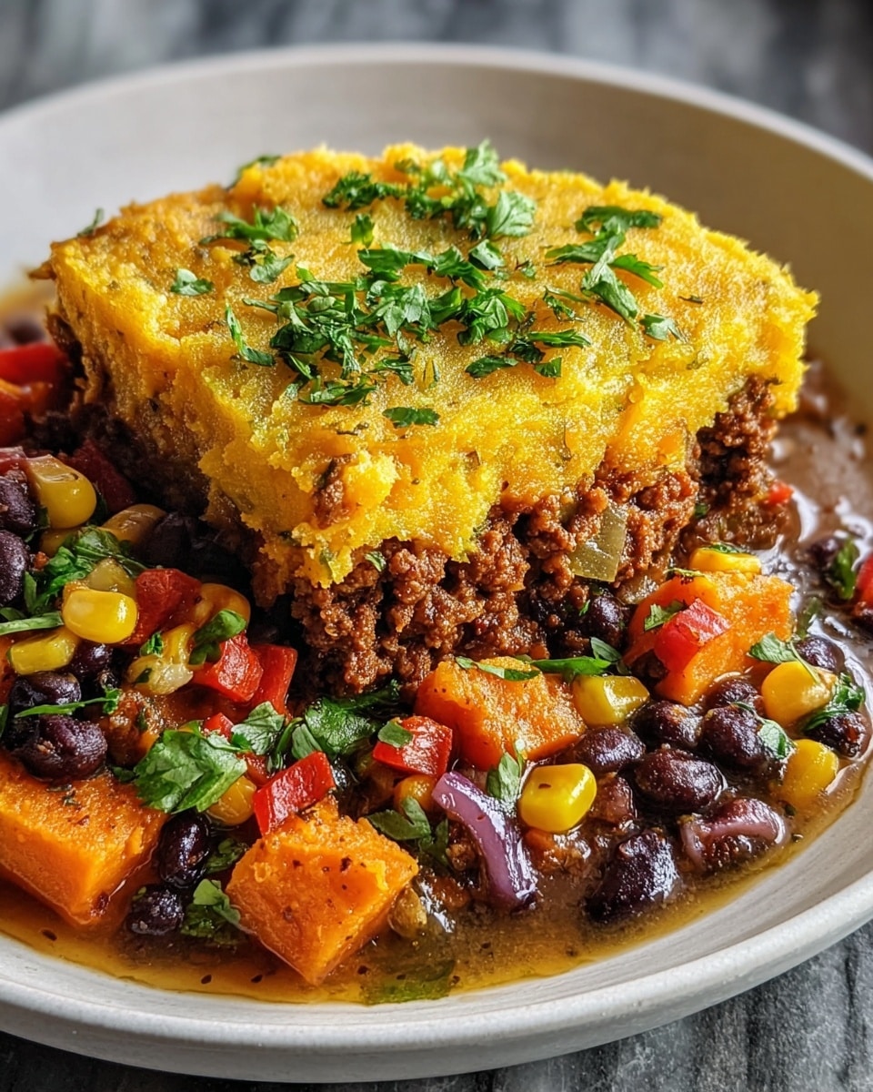 A close-up of a dish with three main layers on a white plate with a white marbled background. The bottom layer is dark brown cooked ground meat with a moist texture. The middle layer is a mix of black beans, yellow corn, red bell peppers, and some green herbs, all in a light brown sauce with a shiny surface. The top layer is a thick, mashed sweet potato or similar, bright orange and crumbly with some crispy edges, sprinkled with fresh chopped green herbs. photo taken with an iphone --ar 4:5 --v 7