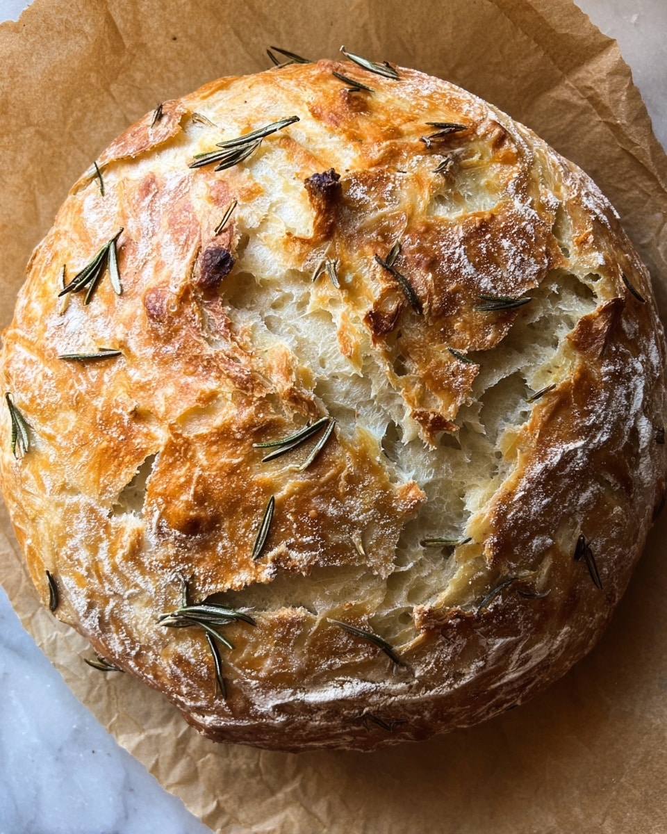 A round, freshly baked loaf of bread with a golden brown crust and a light dusting of white flour on top, showing a slightly cracked surface with airy holes beneath. Small green sprigs of rosemary are scattered and baked into the crust, adding texture and color contrast. The bread is resting on crumpled white parchment paper that sits on a wooden surface, with the lighting highlighting the crispy, crunchy texture of the crust. photo taken with an iphone --ar 4:5 --v 7