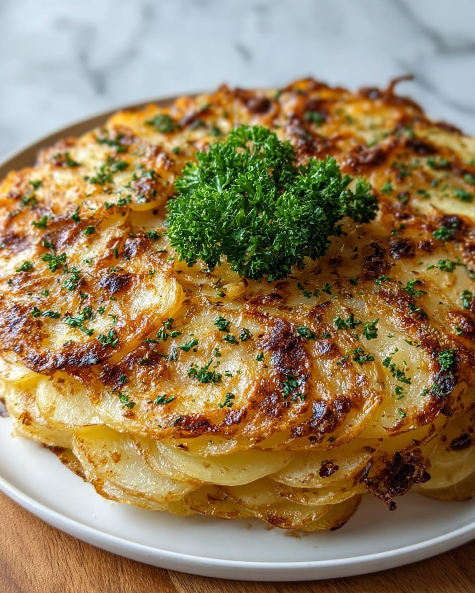 The dish shows a single layer of thinly sliced, golden-brown potatoes with crispy edges, arranged closely to cover the entire surface of a shallow white plate. The potatoes have a slightly uneven texture with some areas more browned than others, giving it a crunchy look. Small green herb leaves are scattered on top, and a small bunch of fresh parsley sits in the center, adding a bright green contrast. The photo is captured on a white marbled surface, giving a clean and simple background. photo taken with an iphone --ar 4:5 --v 7
