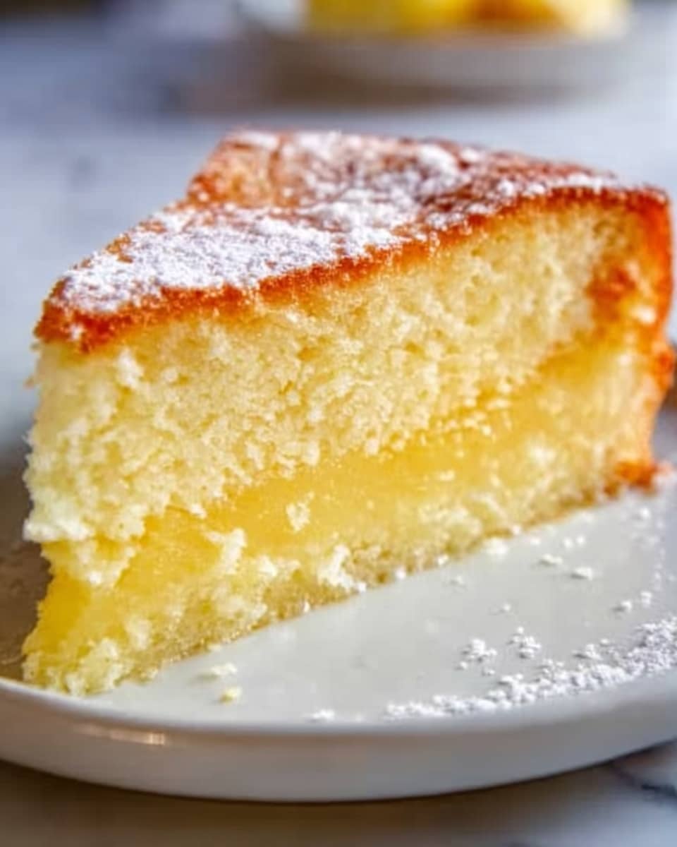 A close-up of a single slice of cake with two clear layers on a white plate. The bottom layer is thick and yellow with a soft, moist texture. The top layer is thinner and slightly darker, with a glossy finish and sprinkled lightly with powdered sugar. The cake looks dense but tender, and the white plate rests on a smooth white marbled surface. photo taken with an iphone --ar 4:5 --v 7