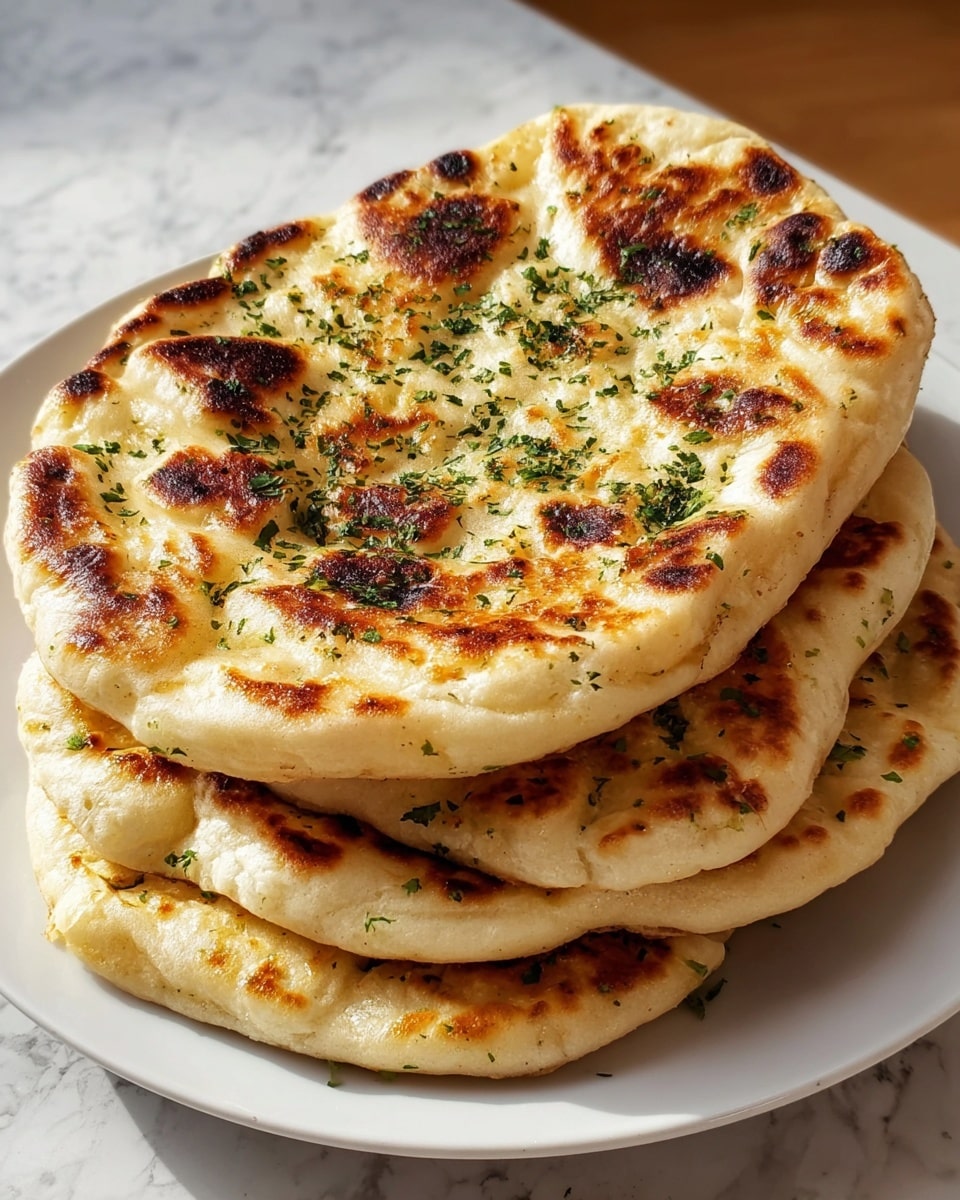 A white plate holds four irregular oval flatbreads stacked one on top of another. Each flatbread has a light golden color with darker toasted brown spots scattered across the surface. The texture looks soft and fluffy with some small bubbled areas and lightly charred edges. There are green herb flakes sprinkled on the top flatbread, adding visual contrast and detail. The plate is set on a white marbled textured surface with blurred green plants in the soft background. Photo taken with an iphone --ar 4:5 --v 7