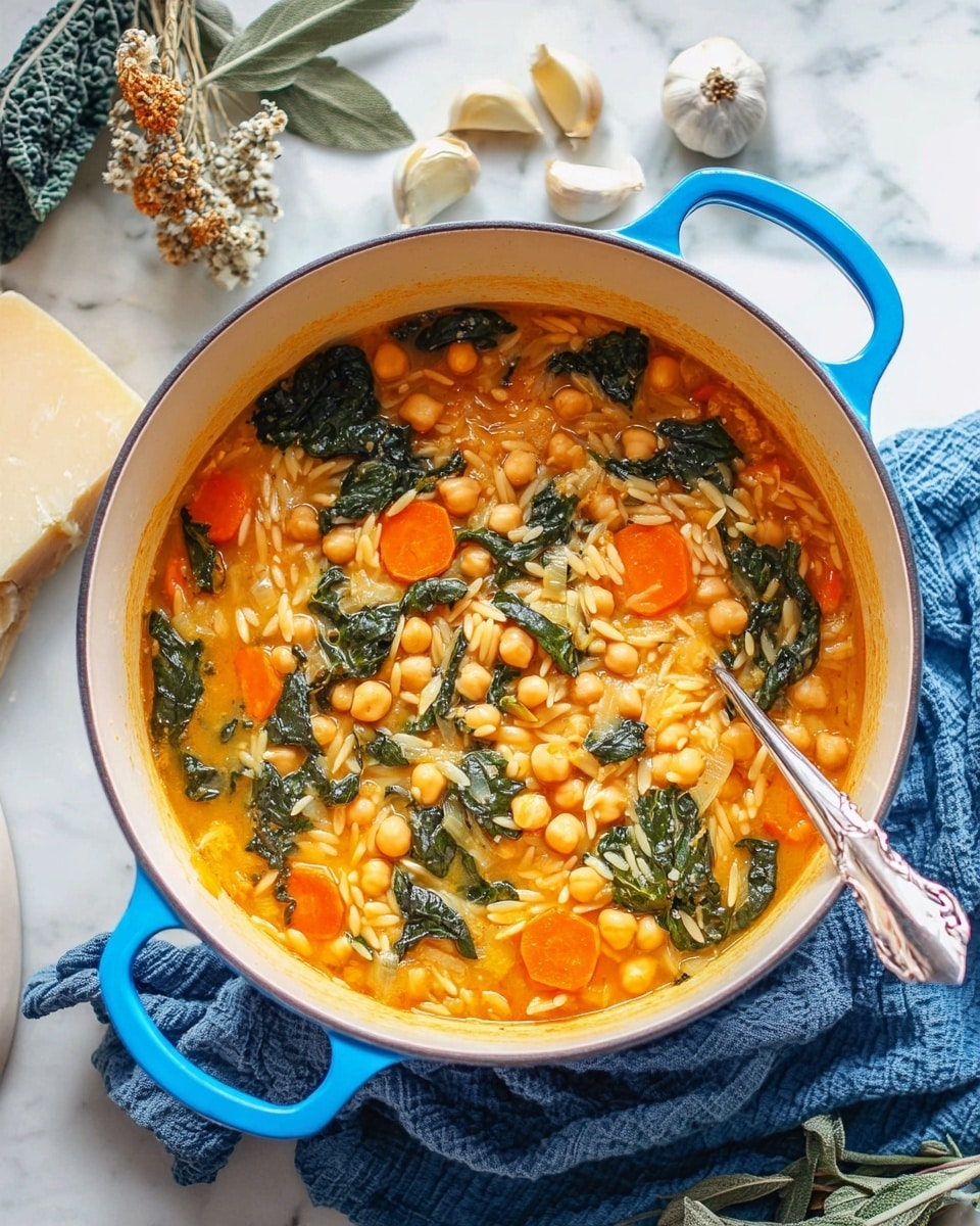 The image shows a close-up of a hearty dish in a white bowl with a blue rim. The dish has three main layers: a base of small, soft pasta pieces in a light orange, slightly soupy sauce; mixed throughout are round chickpeas with a beige color and slices of bright orange carrots. Dark green leafy vegetables are scattered evenly, adding contrast and texture. The entire dish is topped with a light sprinkling of finely grated white cheese. A spoon rests in the bowl, partially lifting the mix of pasta, chickpeas, and vegetables, showing the creamy and slightly thick consistency of the sauce. The background is a white marbled texture. photo taken with an iphone --ar 4:5 --v 7