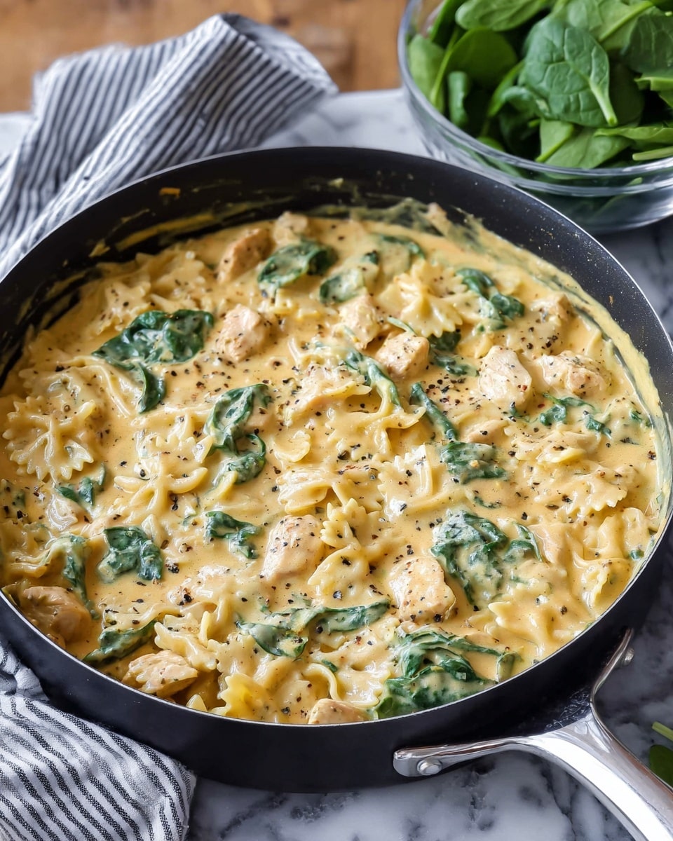A white bowl filled with creamy pasta showing about three layers: the base layer of bowtie pasta pieces in pale beige, a middle layer of browned chicken chunks scattered throughout, and a thick creamy golden-yellow sauce with green spinach leaves mixed in, giving a smooth and rich texture with specks of seasoning. The bowl is set against a blurred background with green leafy vegetables visible, all on a white marbled surface. photo taken with an iphone --ar 4:5 --v 7