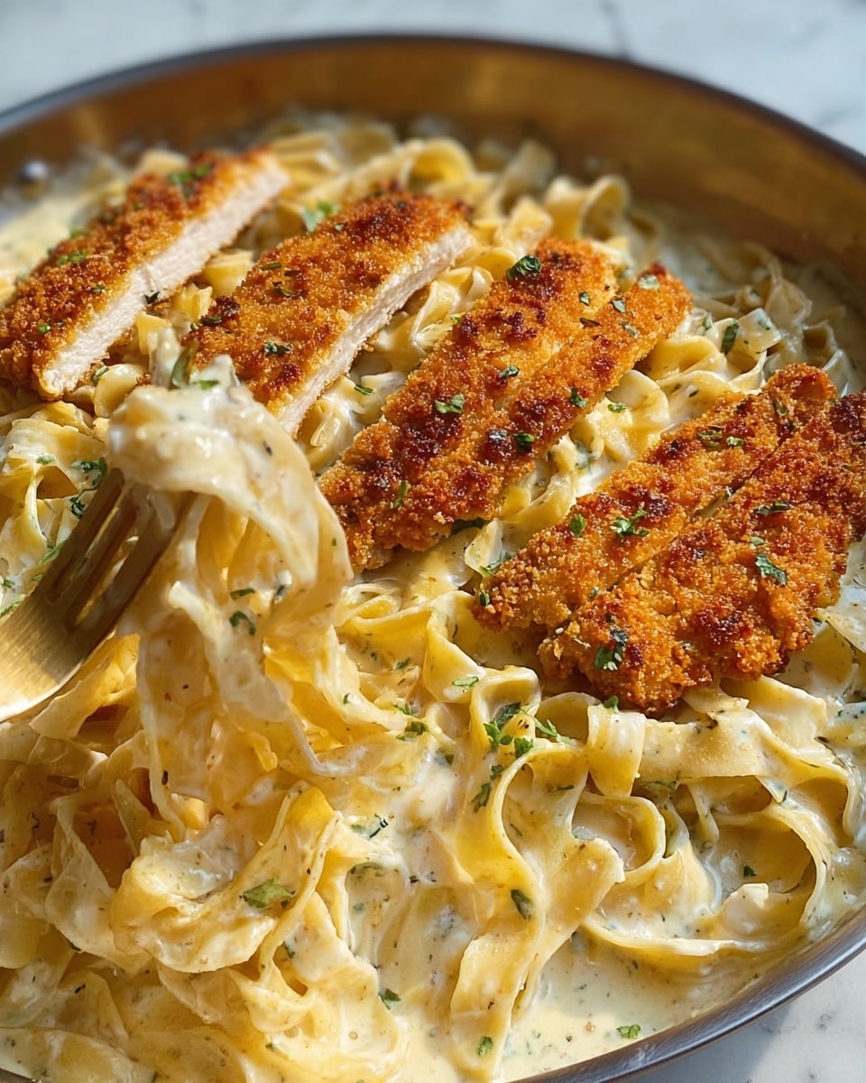 The image shows a close-up of a creamy pasta dish with three pieces of crispy, golden breaded chicken placed on top. The pasta is coated in a smooth, light-colored creamy sauce speckled with herbs, and the noodles are wide and slightly curled. The chicken has a crunchy orange-brown crust with green herb bits and is sliced to reveal the tender white inside. A gold fork lifts a portion of the creamy pasta near the bottom left of the image. The dish is served in a silver pan, set against a white marbled texture. photo taken with an iphone --ar 4:5 --v 7