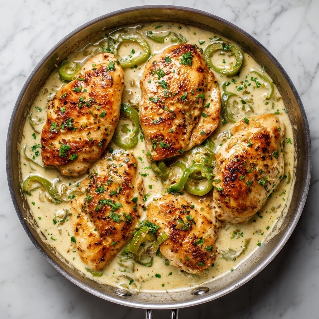 The image shows four golden-brown cooked chicken breasts in a creamy green sauce inside a silver pan. The chicken breasts have visible grill marks and are topped with sliced green peppers and finely chopped herbs scattered across the surface and in the sauce. The sauce is thick and smooth, covering the bottom of the pan and gently touching the chicken pieces, creating a rich and creamy texture. The green peppers have a fresh, slightly crisp look with varying shades of green. The photo taken with an iphone --ar 4:5 --v 7