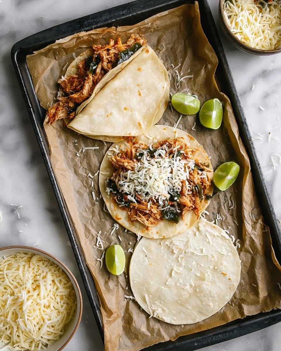 Three soft corn tortillas are placed on a baking tray lined with crumpled parchment paper. The top tortilla is folded in half, showing a filling of shredded reddish-brown cooked chicken mixed with dark green pieces of roasted peppers and white shredded cheese peeking out from the open side. The middle tortilla has the same filling spread on one half, with the other half bare. The bottom tortilla is topped with a thick layer of shredded white cheese. Around the tortillas, there are two lime wedges placed on the parchment. The tray rests on a surface with a white marbled texture, and parts of a white bowl with more shredded cheese and another bowl with more chicken filling are visible at the top edge. photo taken with an iphone --ar 4:5 --v 7