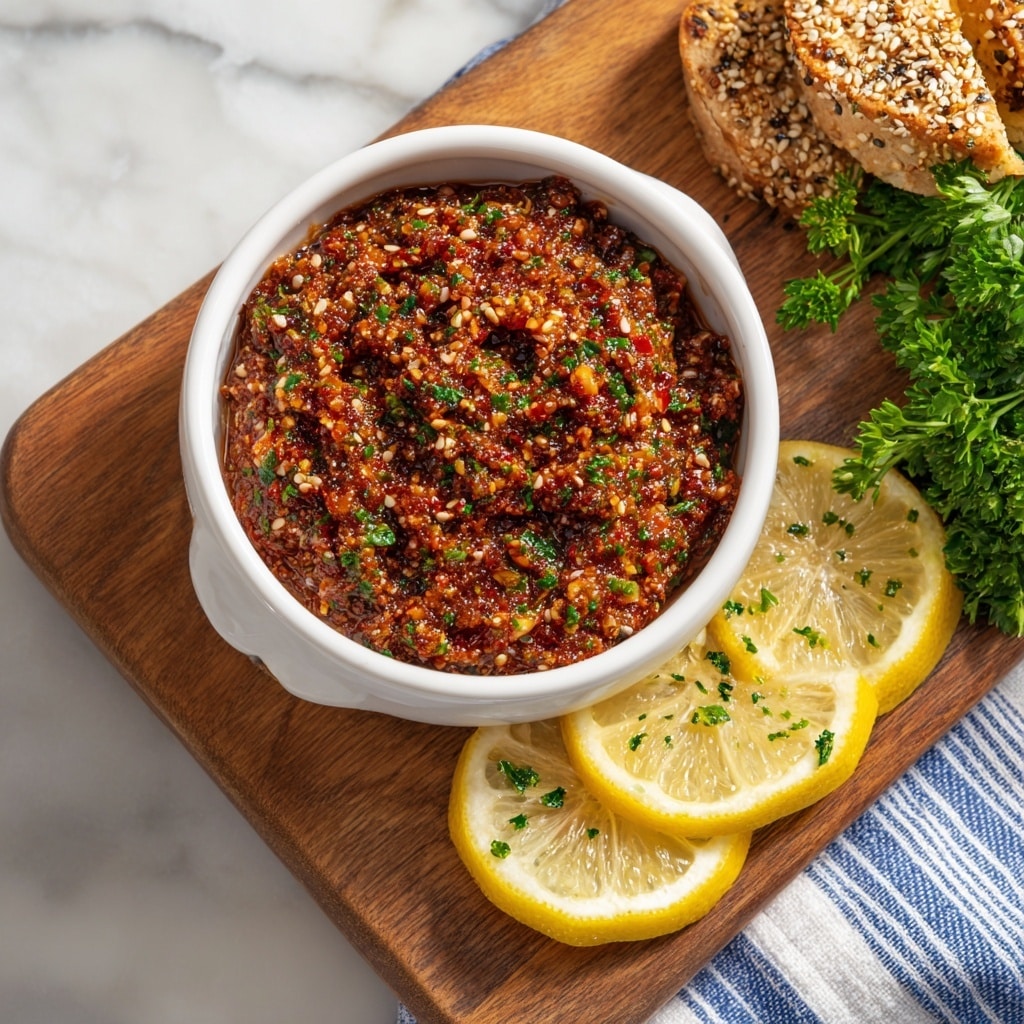 A white bowl filled with a chunky, reddish-brown dip containing small pieces of green herbs and red bits, placed on a wooden board. Next to the bowl are three thin lemon slices showing bright yellow colors with a few green herb sprinkles on them. To the right of the lemon slices, there is a fresh bunch of green parsley leaves, and below that, partially visible, are two golden-brown bread pieces topped with sesame seeds. The whole scene is set on a white marbled textured surface with a blue and white striped cloth partially visible at the bottom. Photo taken with an iphone --ar 4:5 --v 7