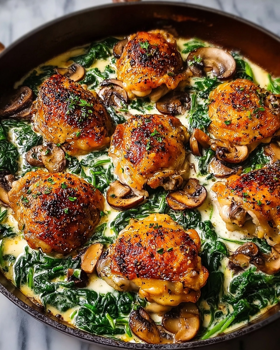 The dish shows six golden brown chicken thighs with crispy skin arranged in a round white pan. Under and between the chicken, there is a creamy white sauce mixed with bright green cooked spinach. On top of the chicken and spinach, there are many small, sliced, cooked mushrooms in different shades of brown. The dish looks rich with juices and herbs scattered, adding touches of green. The white pan sits on a white marbled surface. photo taken with an iphone --ar 4:5 --v 7