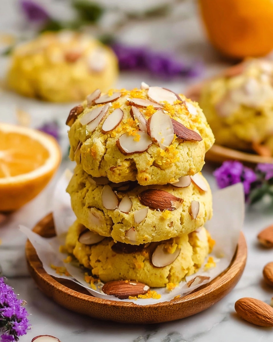A stack of three yellow almond cookies with a slightly rough texture sits on a piece of white parchment paper on a round wooden board. Each cookie is covered with thin, brown-edged almond slices pressed into the surface, adding a crunchy look. In the background, more almond cookies are scattered, with visible orange and purple flower decorations and a halved orange with bright orange flesh. The scene is set on a white marbled texture. Photo taken with an iphone --ar 4:5 --v 7